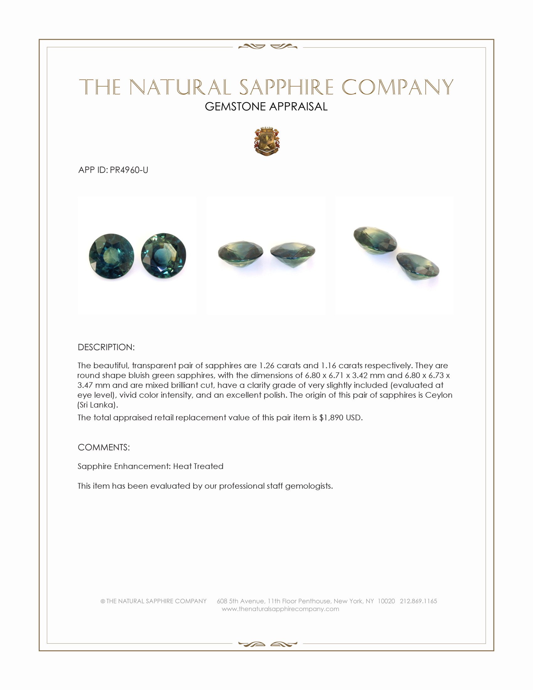 2.42 Ct.Tw. Bluish Green Sapphire Pair from Ceylon (Sri Lanka)