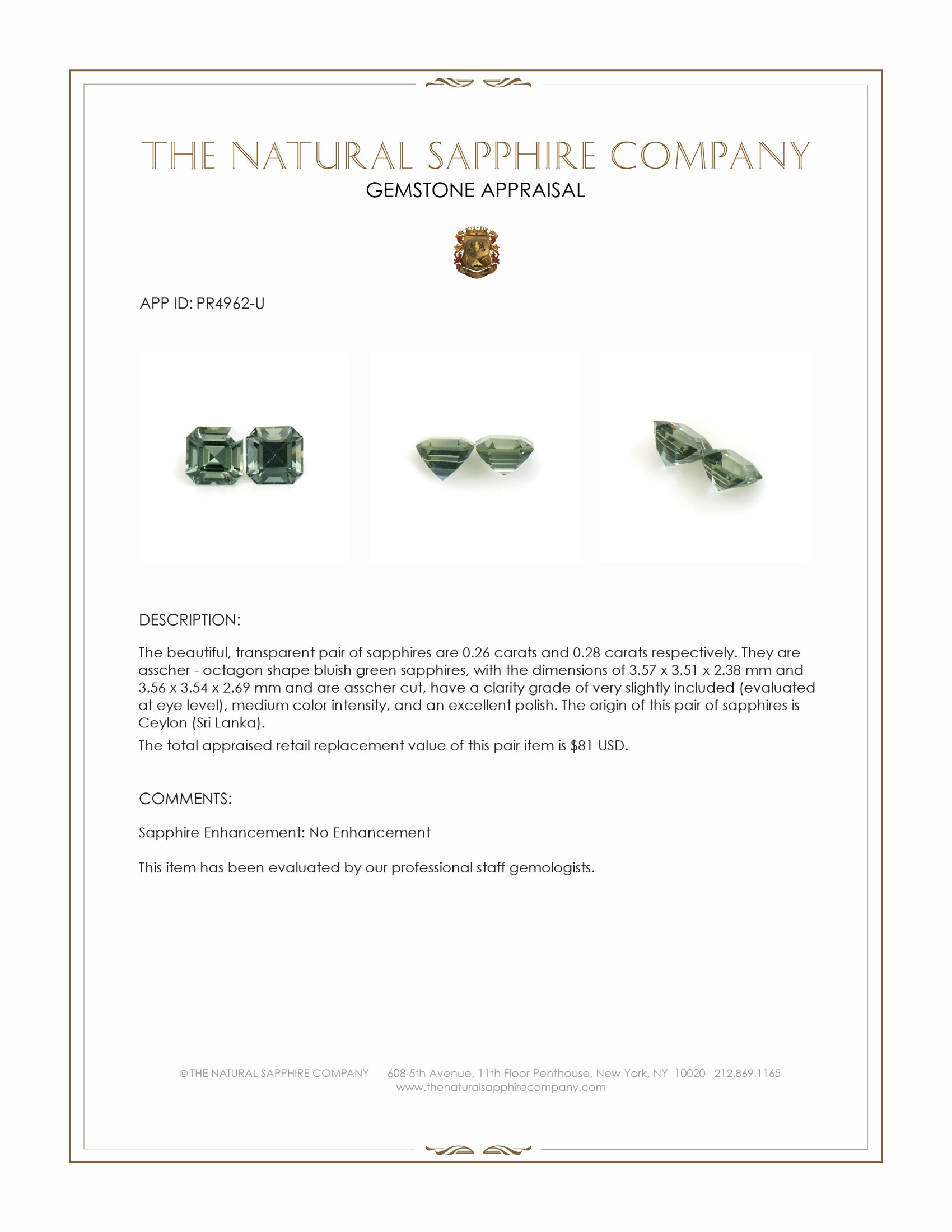 0.54 Ct.Tw. Bluish Green Sapphire Pair from Ceylon (Sri Lanka)