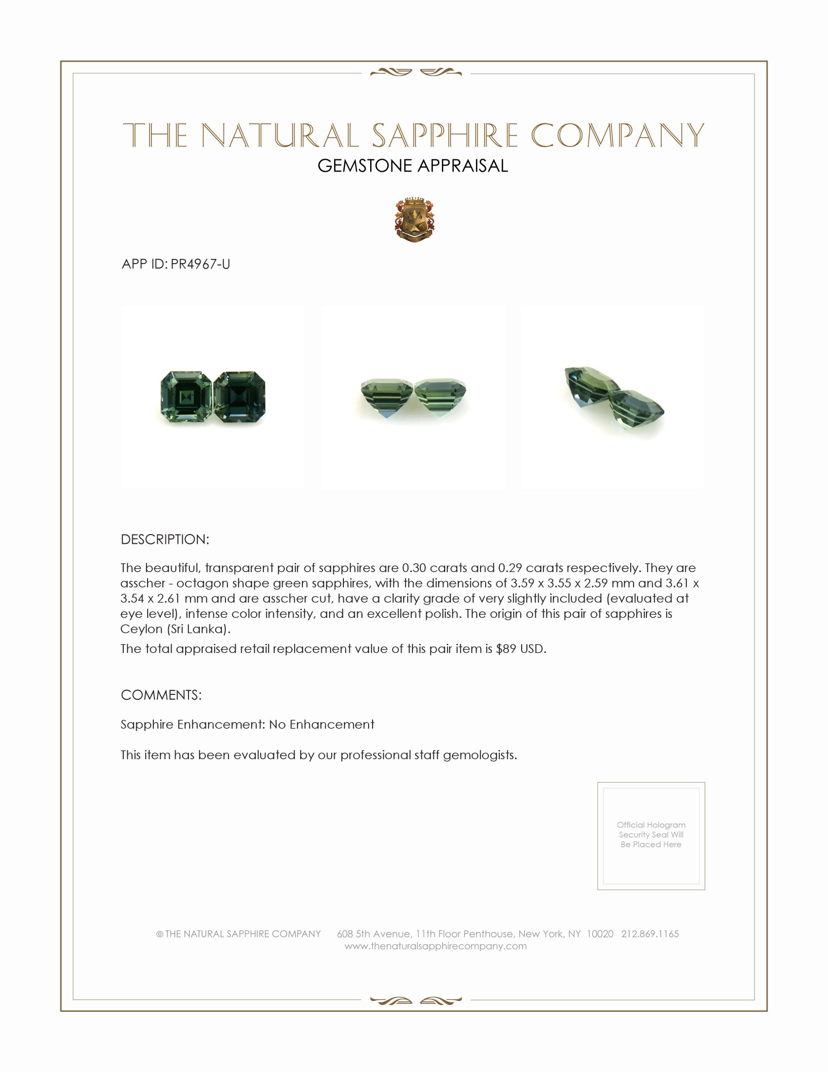 0.59 Ct.Tw. Green Sapphire Pair from Ceylon (Sri Lanka)
