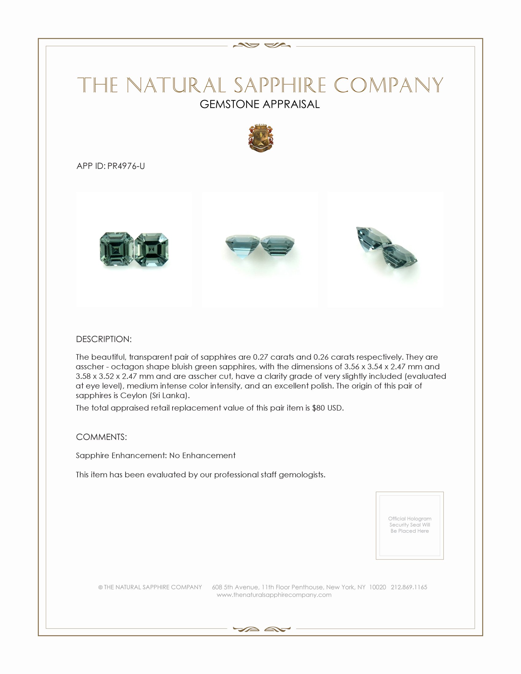 0.53 Ct.Tw. Bluish Green Sapphire Pair from Ceylon (Sri Lanka)