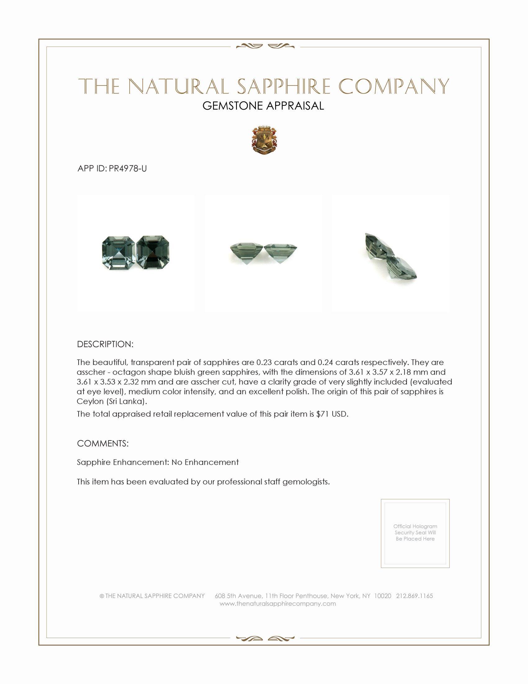 0.47 Ct.Tw. Bluish Green Sapphire Pair from Ceylon (Sri Lanka)