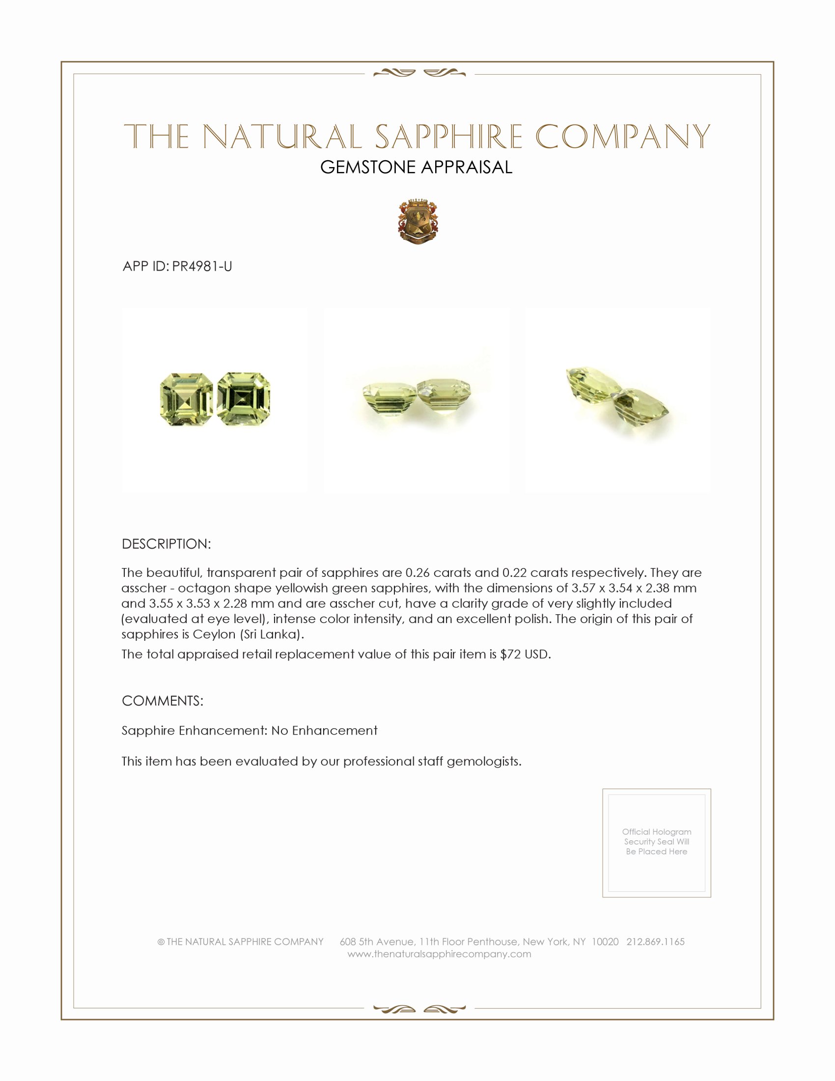 0.48 Ct.Tw. Yellowish Green Sapphire Pair from Ceylon (Sri Lanka)