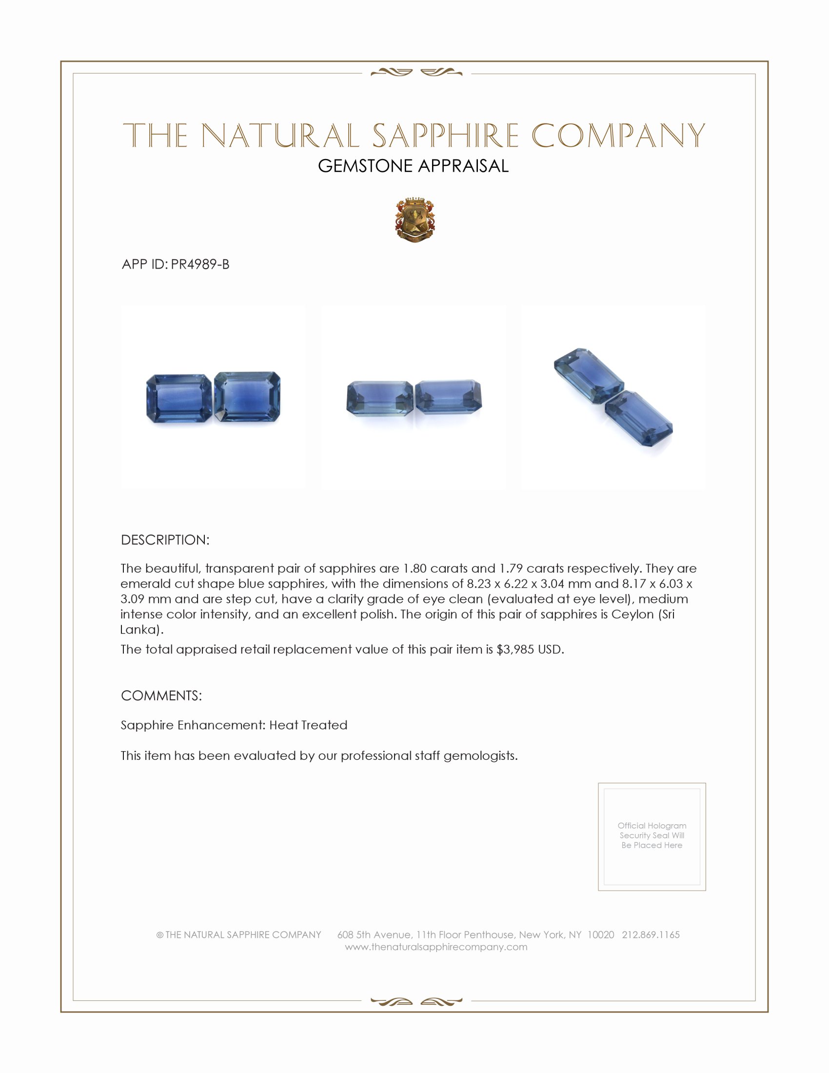 3.59 Ct.Tw. Blue Sapphire Pair from Ceylon (Sri Lanka)