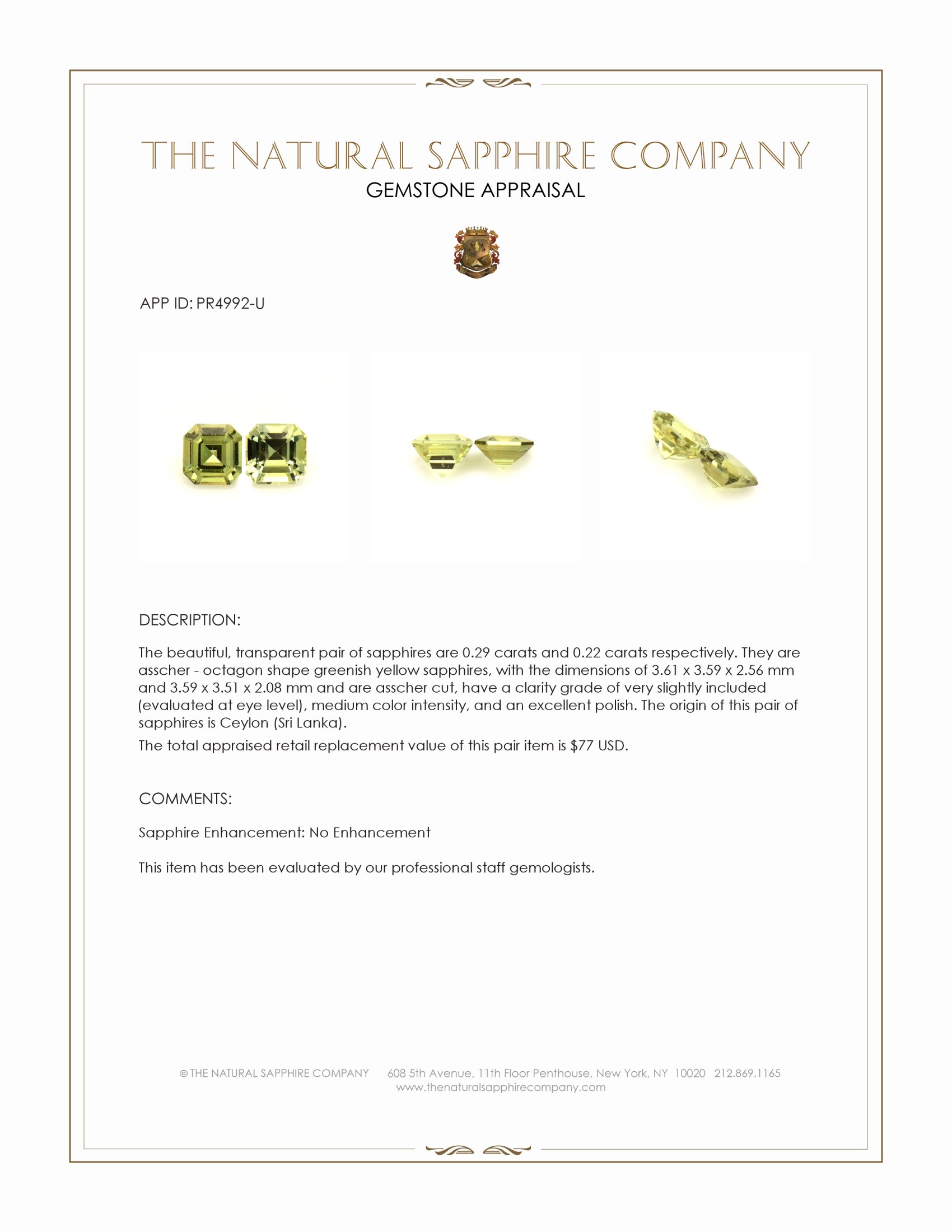 0.51 Ct.Tw. Greenish Yellow Sapphire Pair from Ceylon (Sri Lanka)