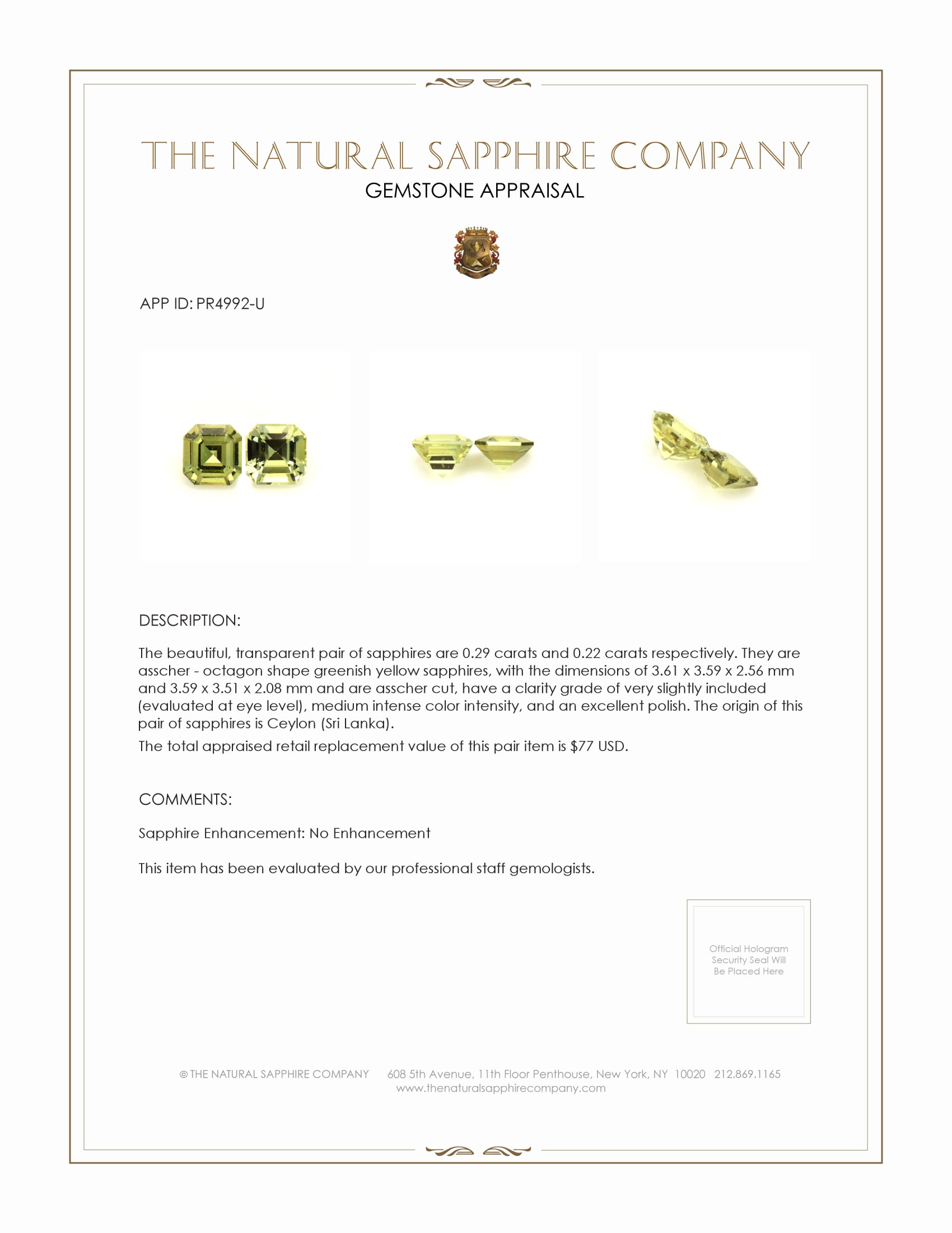 0.51 Ct.Tw. Greenish Yellow Sapphire Pair from Ceylon (Sri Lanka)