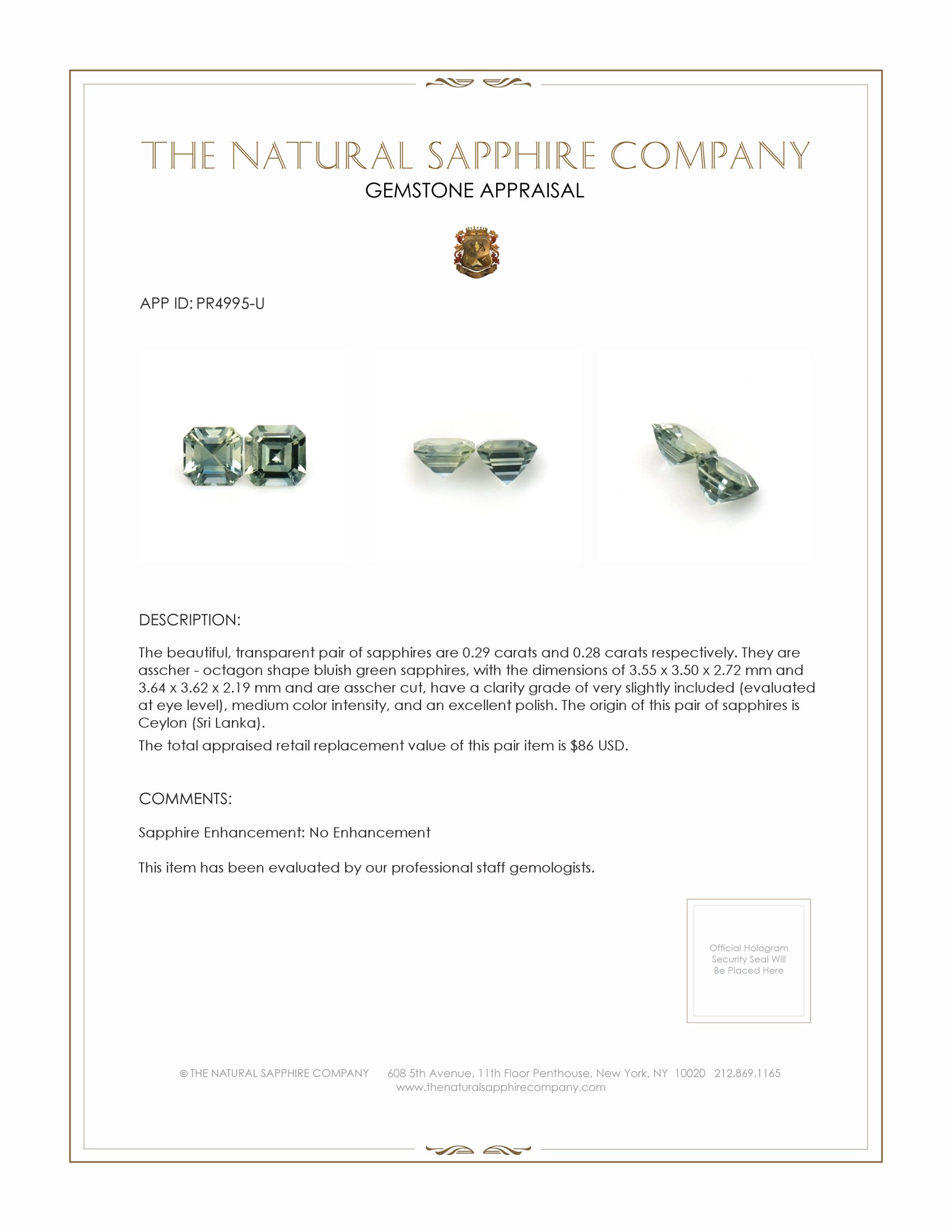0.57 Ct.Tw. Bluish Green Sapphire Pair from Ceylon (Sri Lanka)