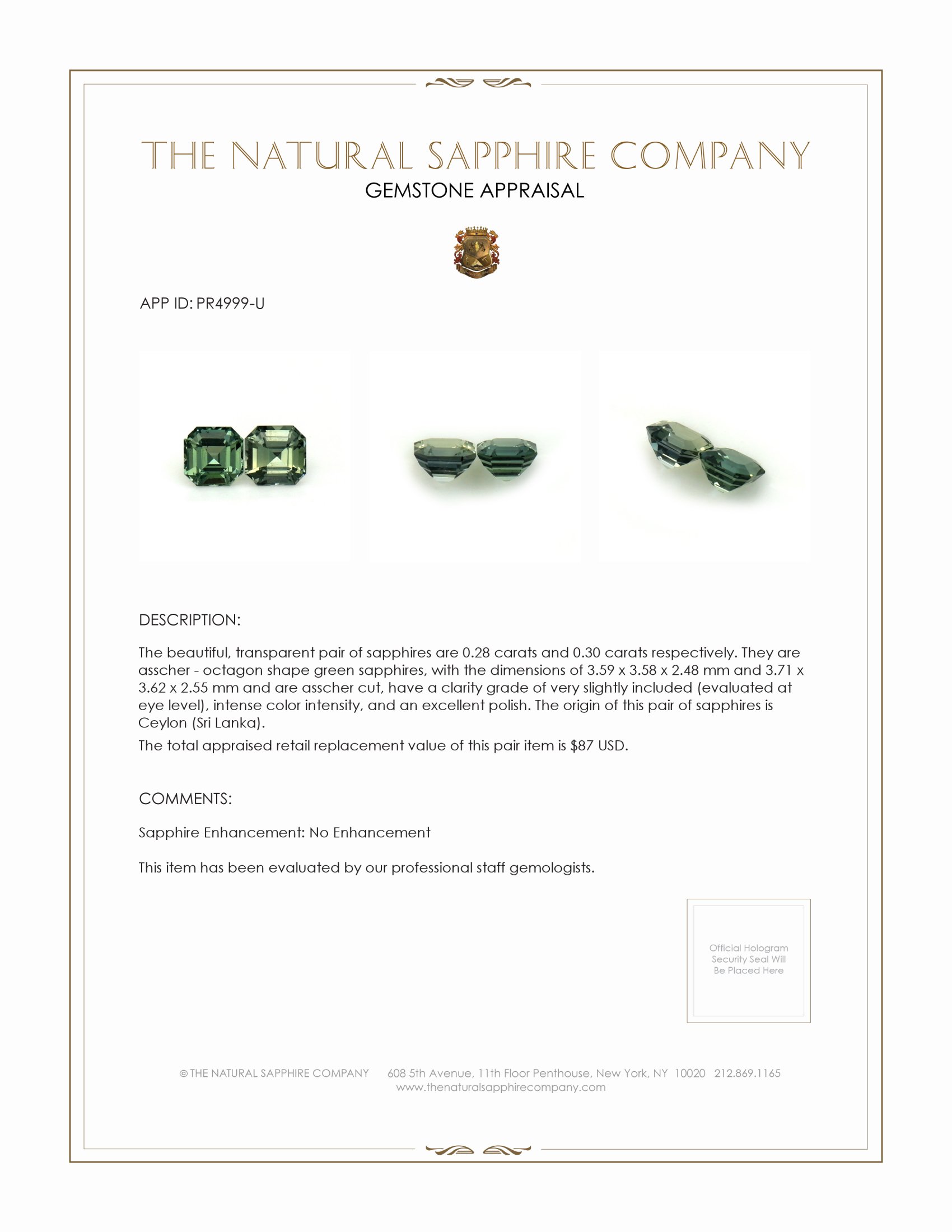 0.58 Ct.Tw. Green Sapphire Pair from Ceylon (Sri Lanka)