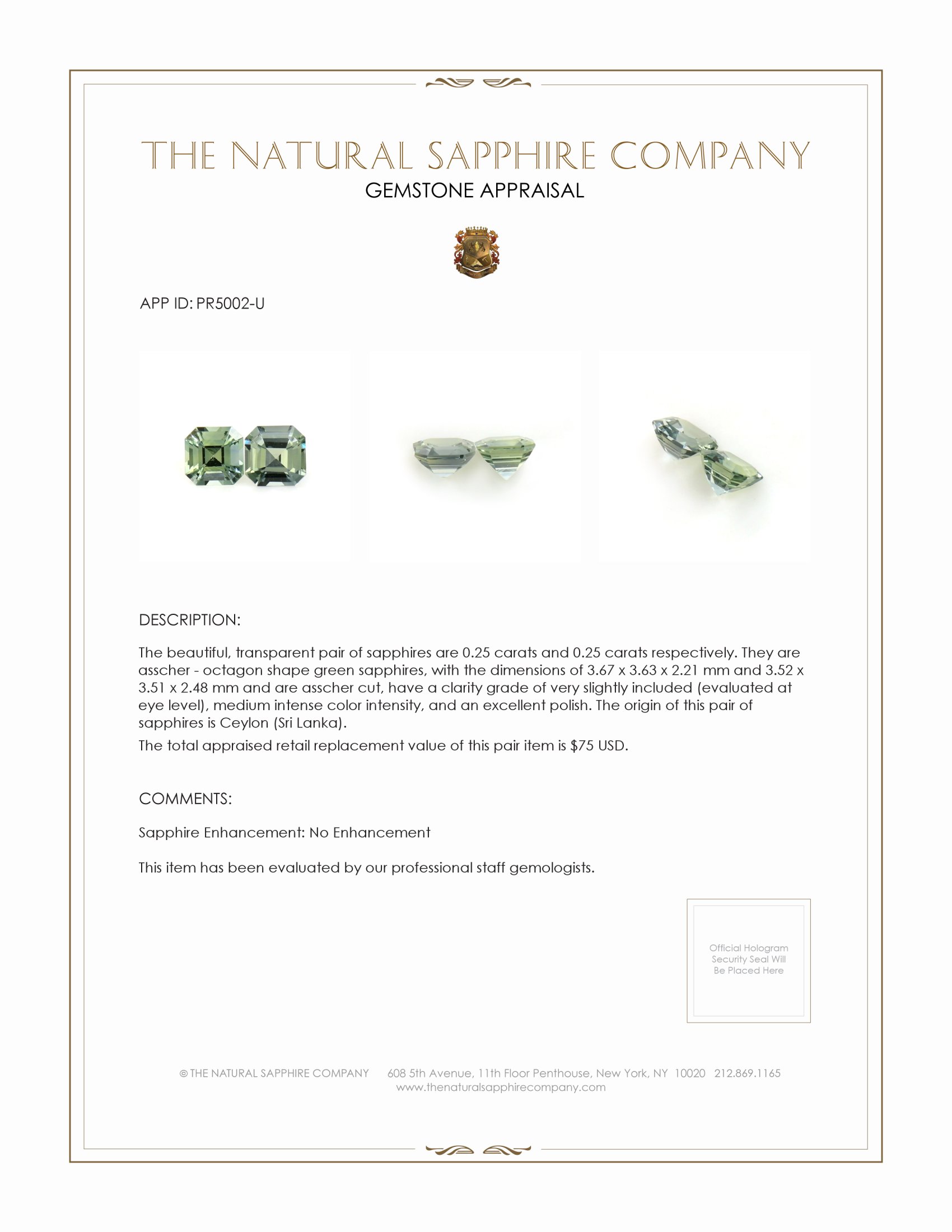 0.50 Ct.Tw. Green Sapphire Pair from Ceylon (Sri Lanka)