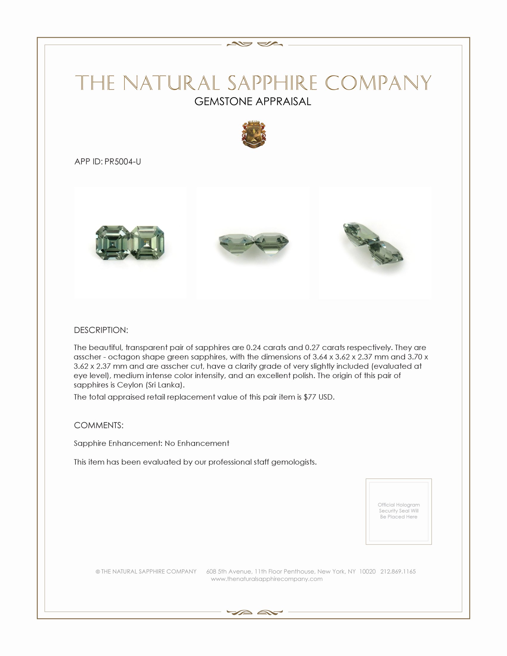 0.51 Ct.Tw. Green Sapphire Pair from Ceylon (Sri Lanka)