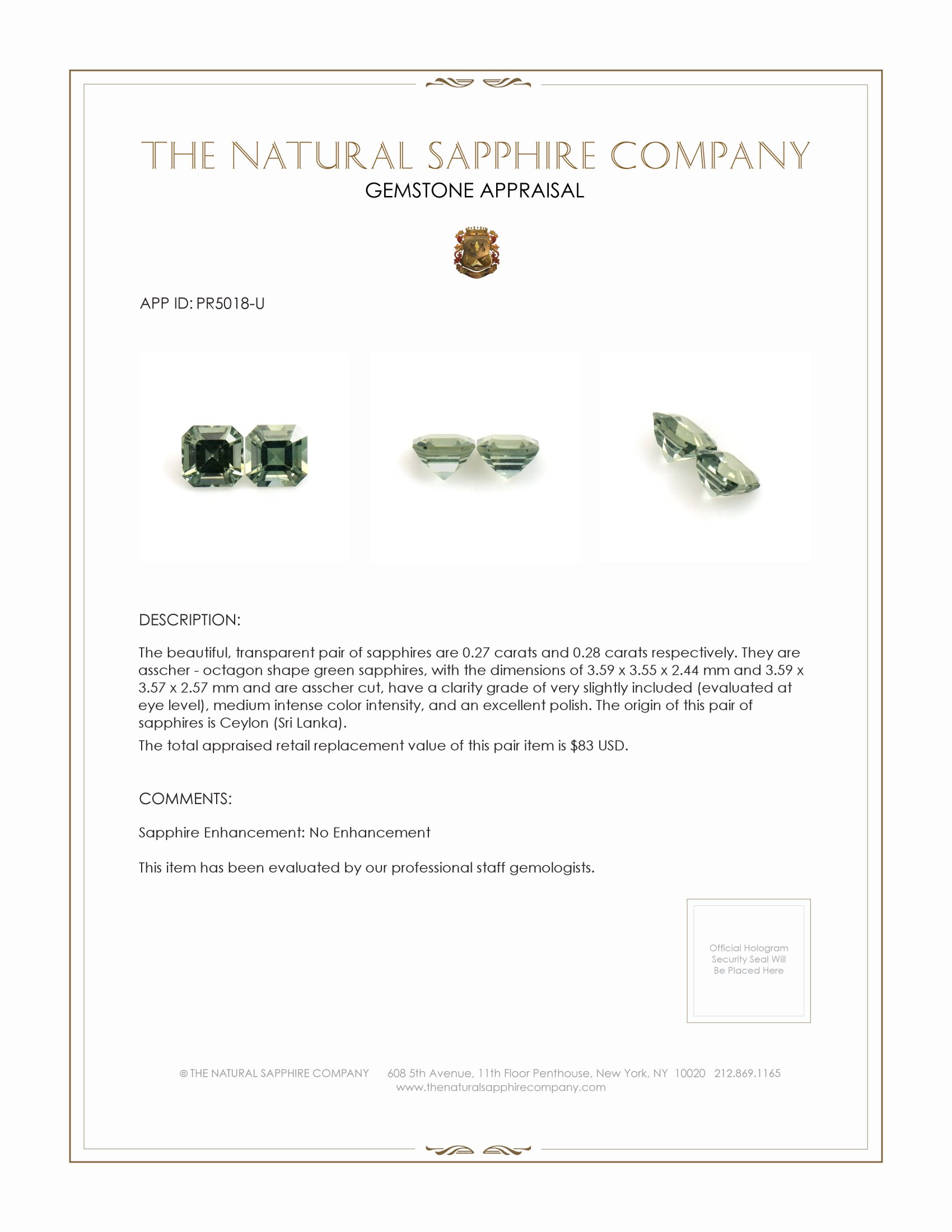 0.55 Ct.Tw. Green Sapphire Pair from Ceylon (Sri Lanka)