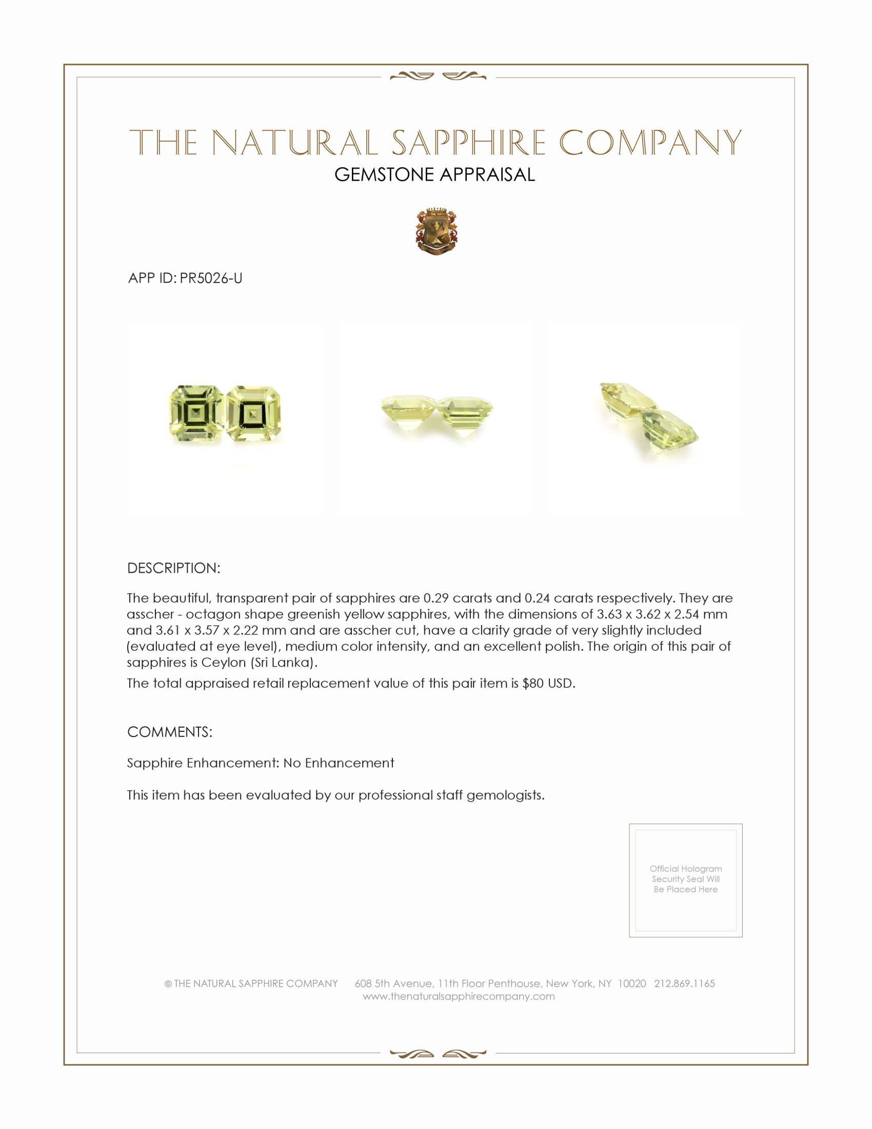 0.53 Ct.Tw. Greenish Yellow Sapphire Pair from Ceylon (Sri Lanka)