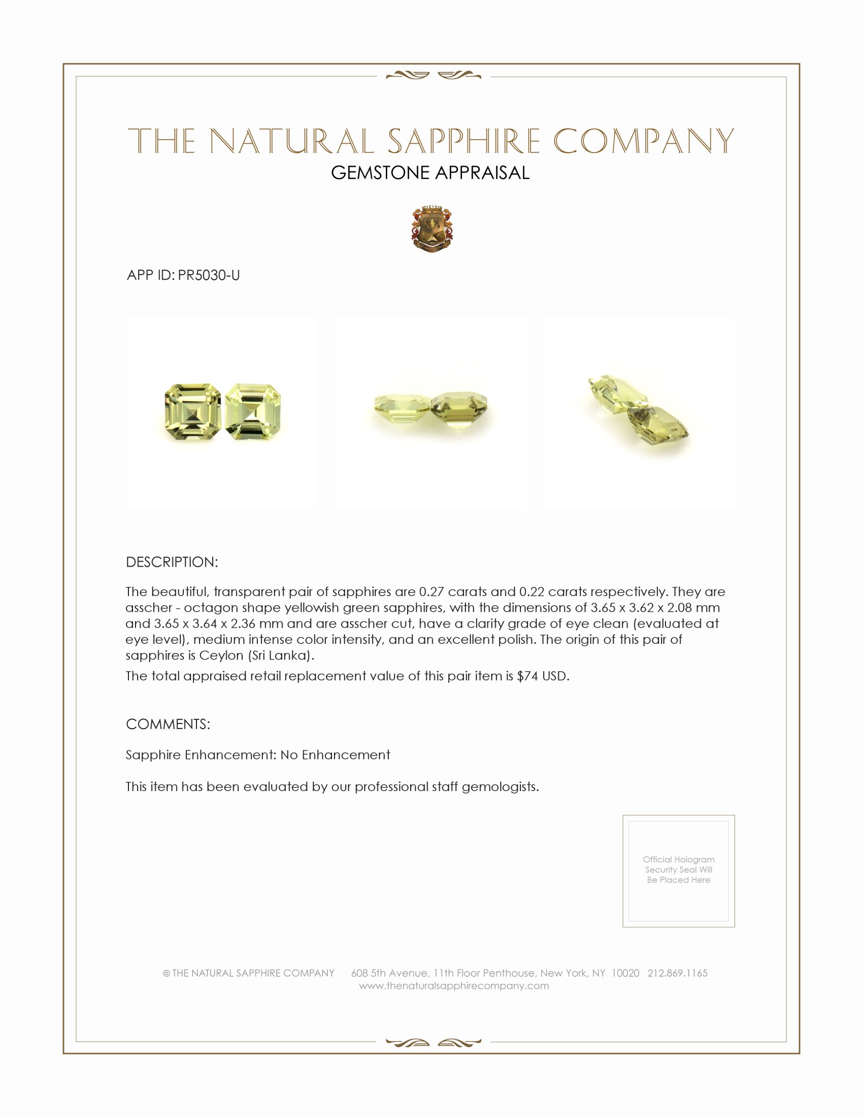 0.49 Ct.Tw. Yellowish Green Sapphire Pair from Ceylon (Sri Lanka)