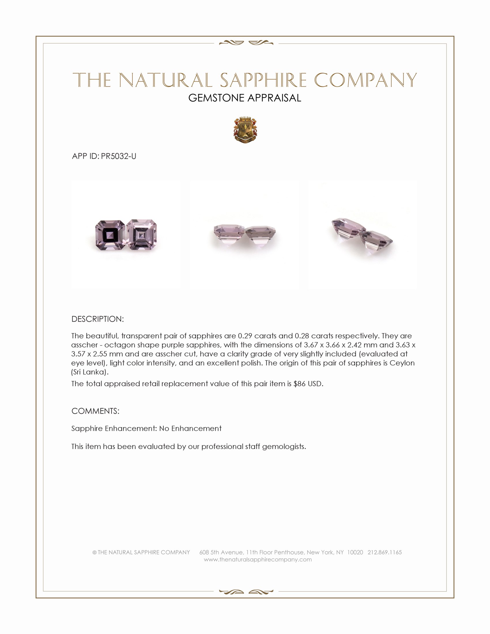 0.57 Ct.Tw. Purple Sapphire Pair from Ceylon (Sri Lanka)