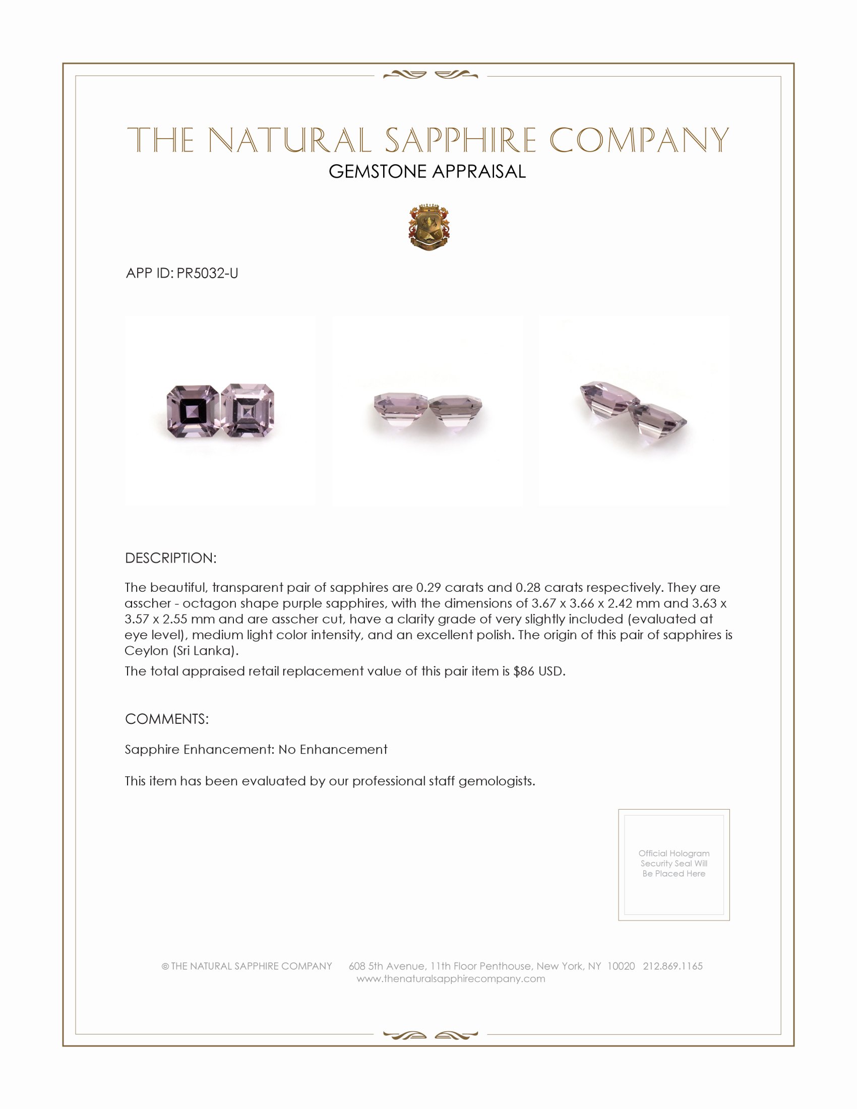 0.57 Ct.Tw. Purple Sapphire Pair from Ceylon (Sri Lanka)