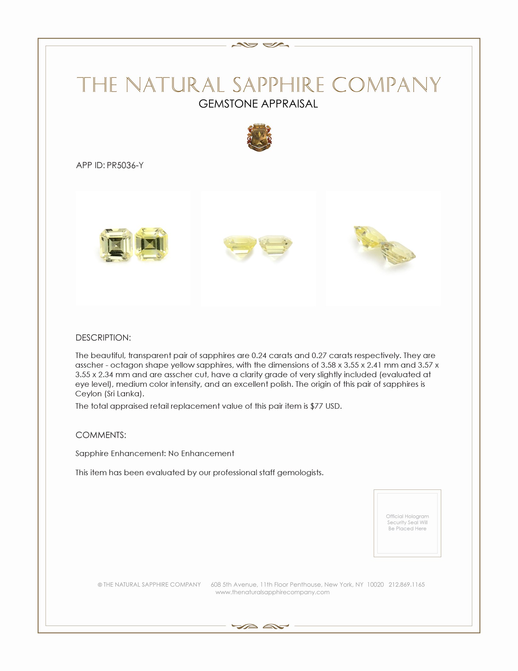 0.51 Ct.Tw. Yellow Sapphire Pair from Ceylon (Sri Lanka)