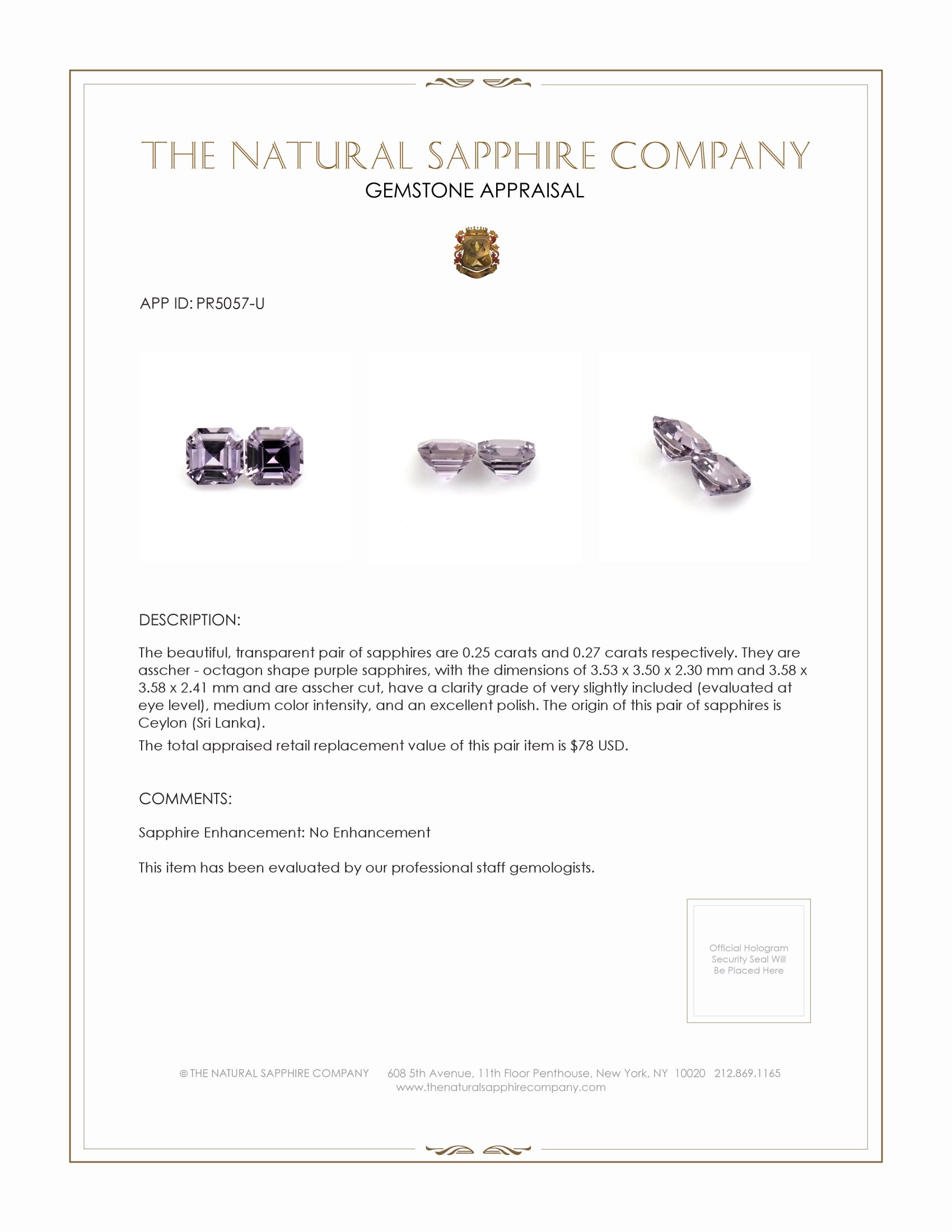 0.52 Ct.Tw. Purple Sapphire Pair from Ceylon (Sri Lanka)