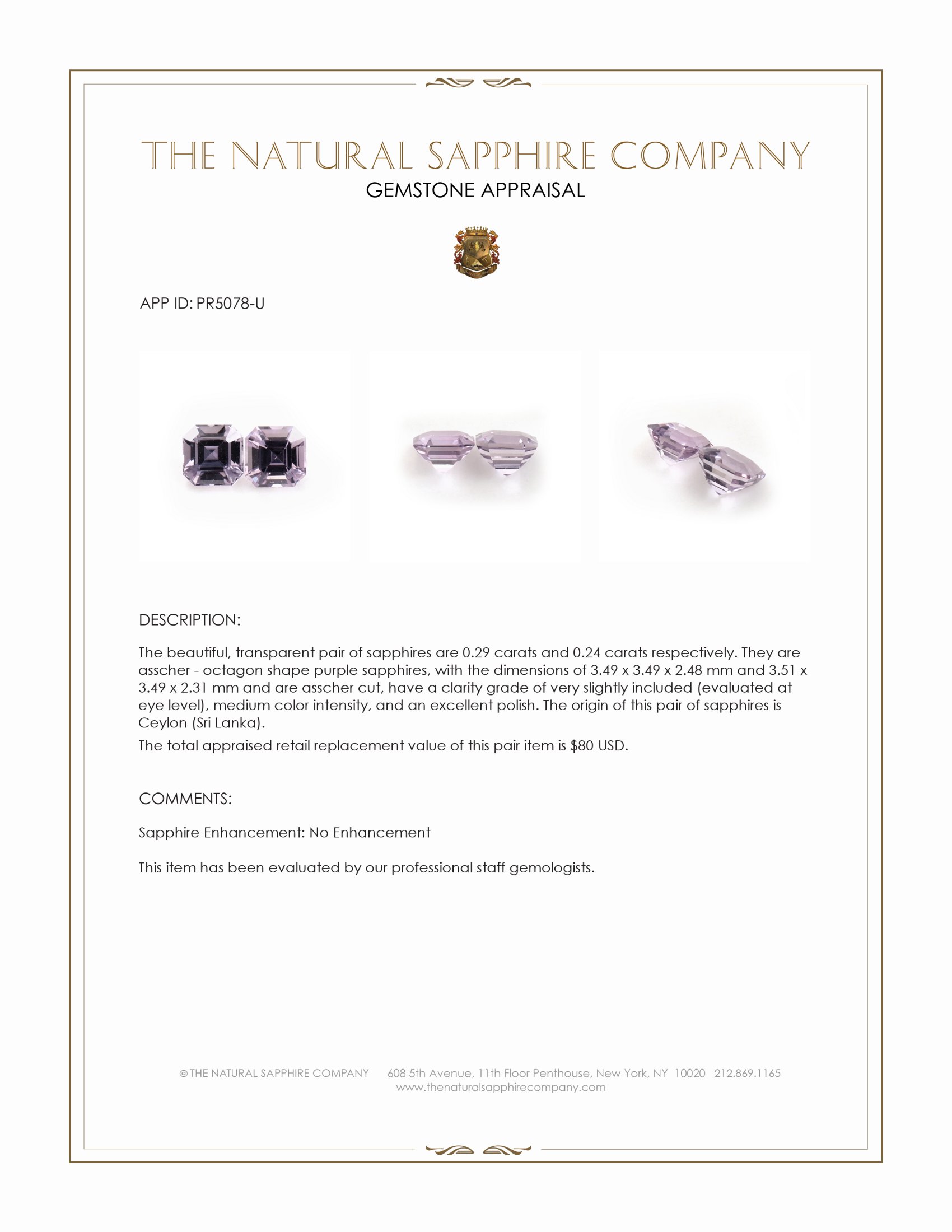 0.53 Ct.Tw. Purple Sapphire Pair from Ceylon (Sri Lanka)
