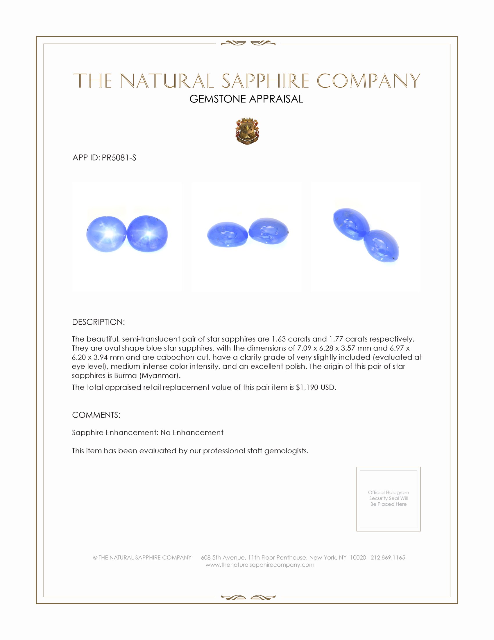 3.40 Ct.Tw. Blue Star Sapphire Pair from Burma (Myanmar)