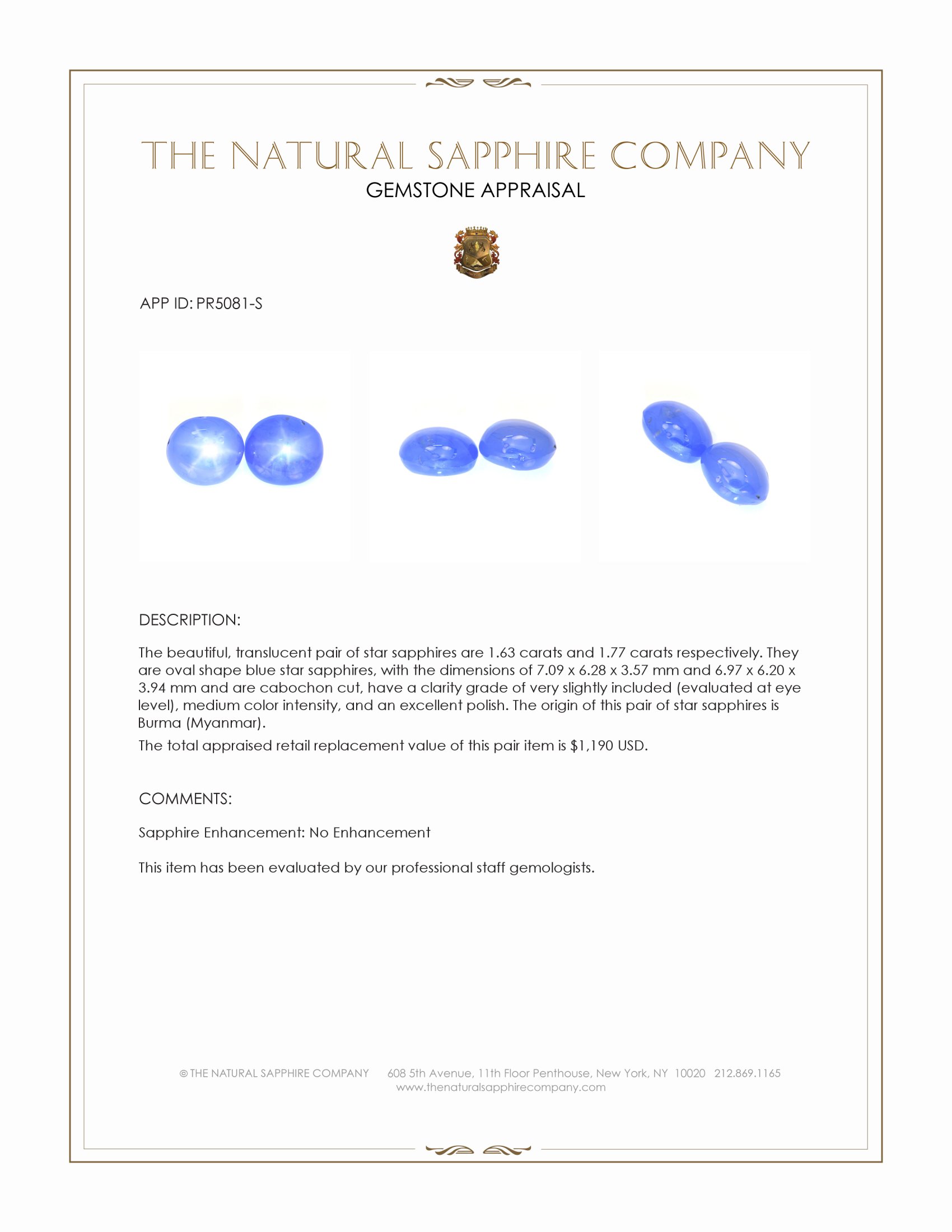 3.40 Ct.Tw. Blue Star Sapphire Pair from Burma (Myanmar)