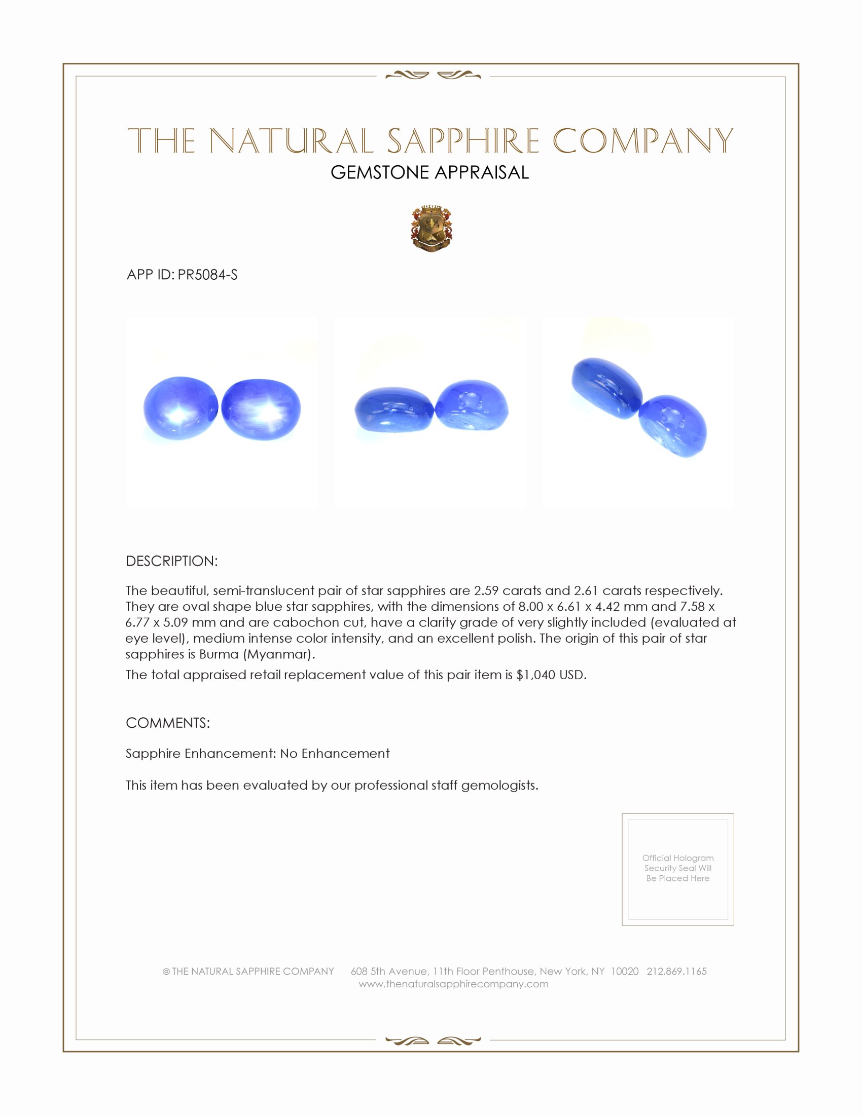 5.20 Ct.Tw. Blue Star Sapphire Pair from Burma (Myanmar)