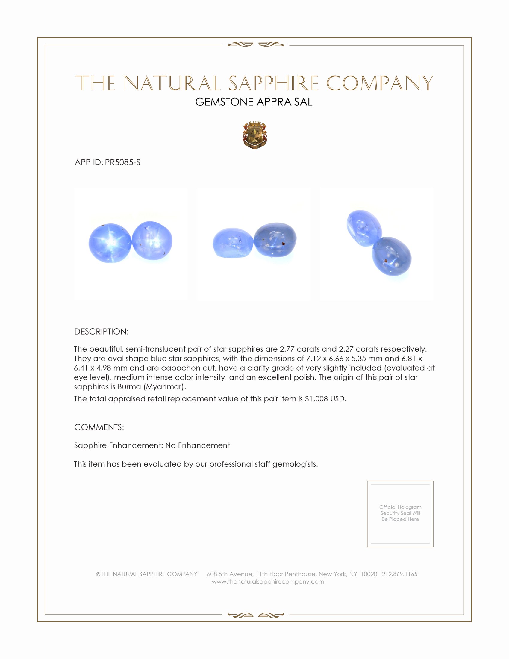 5.04 Ct.Tw. Blue Star Sapphire Pair from Burma (Myanmar)