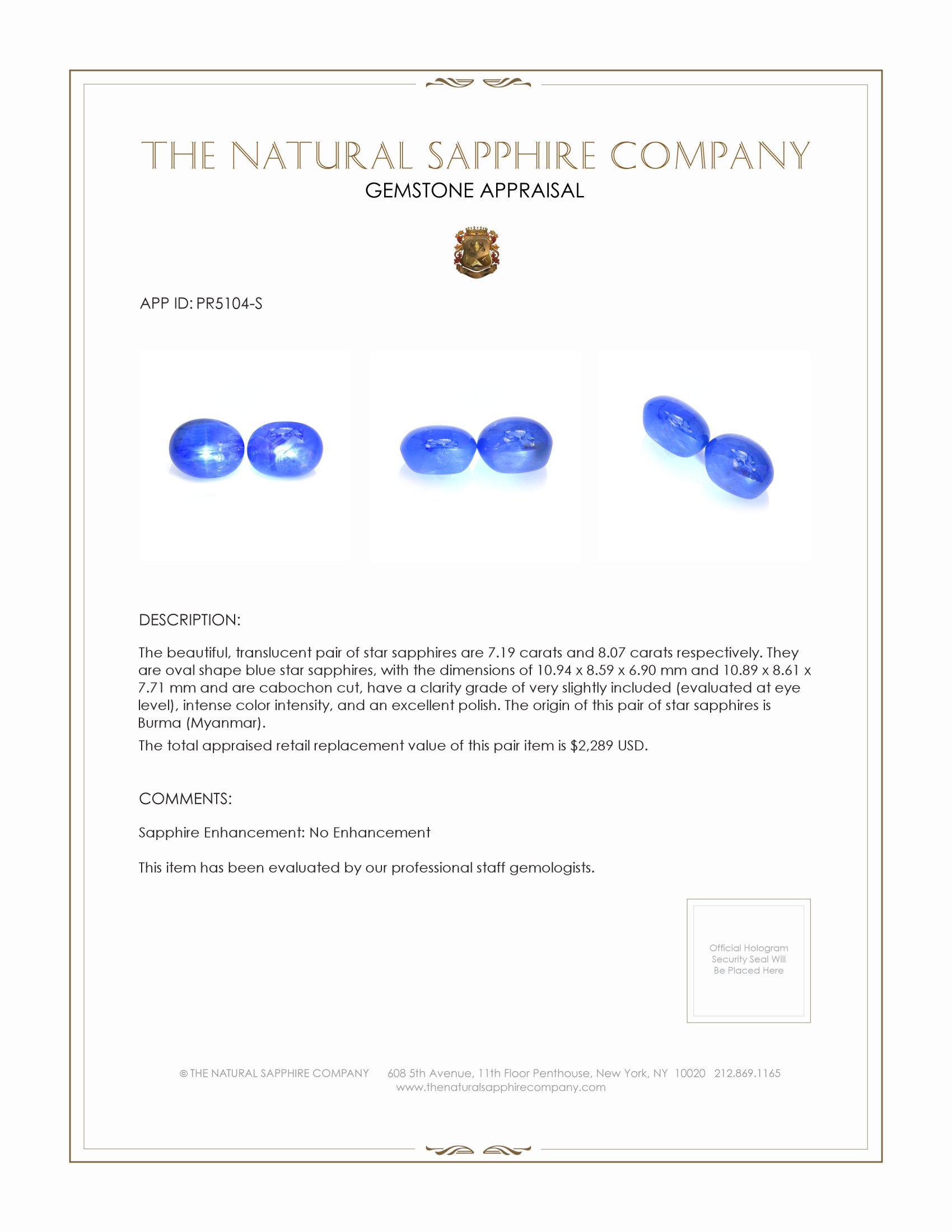 15.26 Ct.Tw. Blue Star Sapphire Pair from Burma (Myanmar)