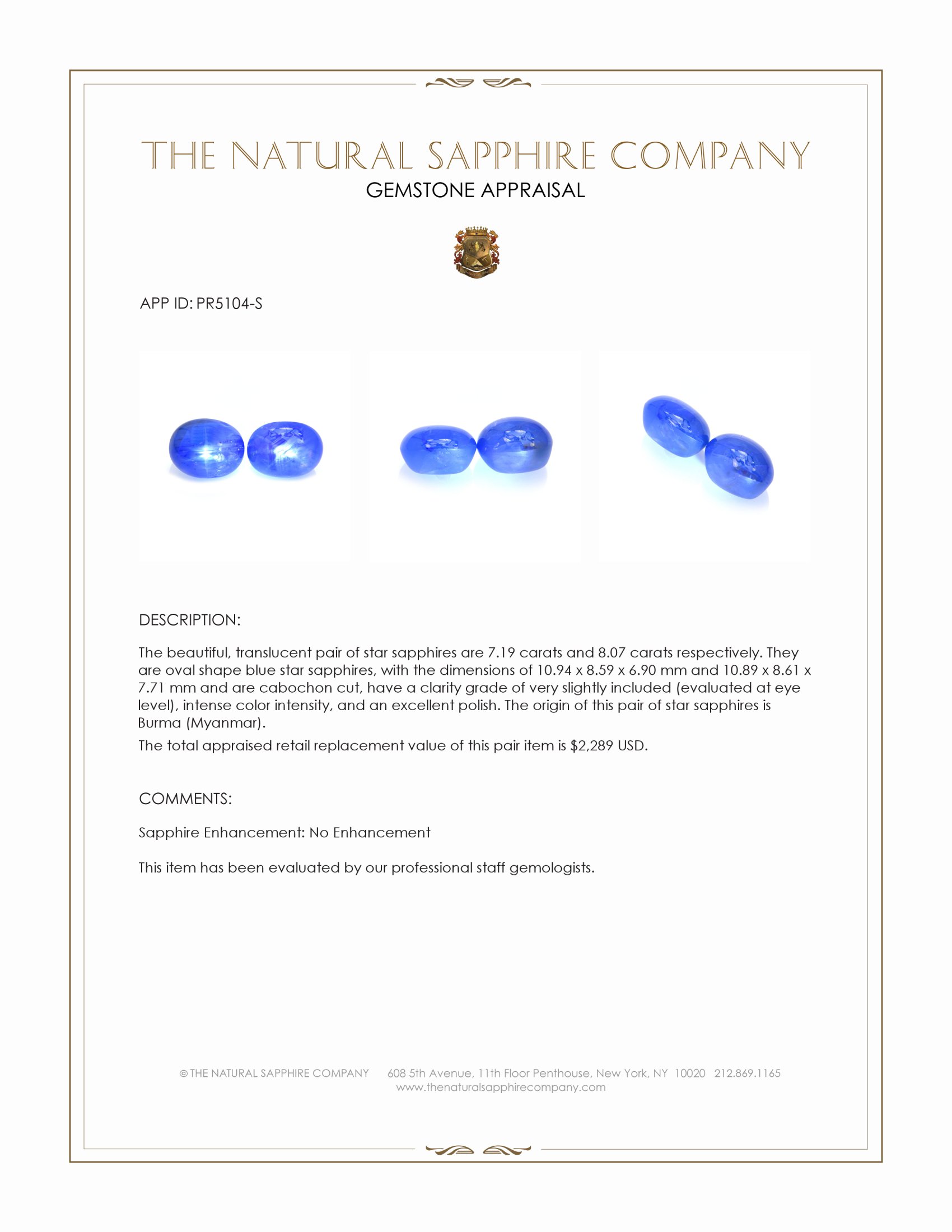 15.26 Ct.Tw. Blue Star Sapphire Pair from Burma (Myanmar)