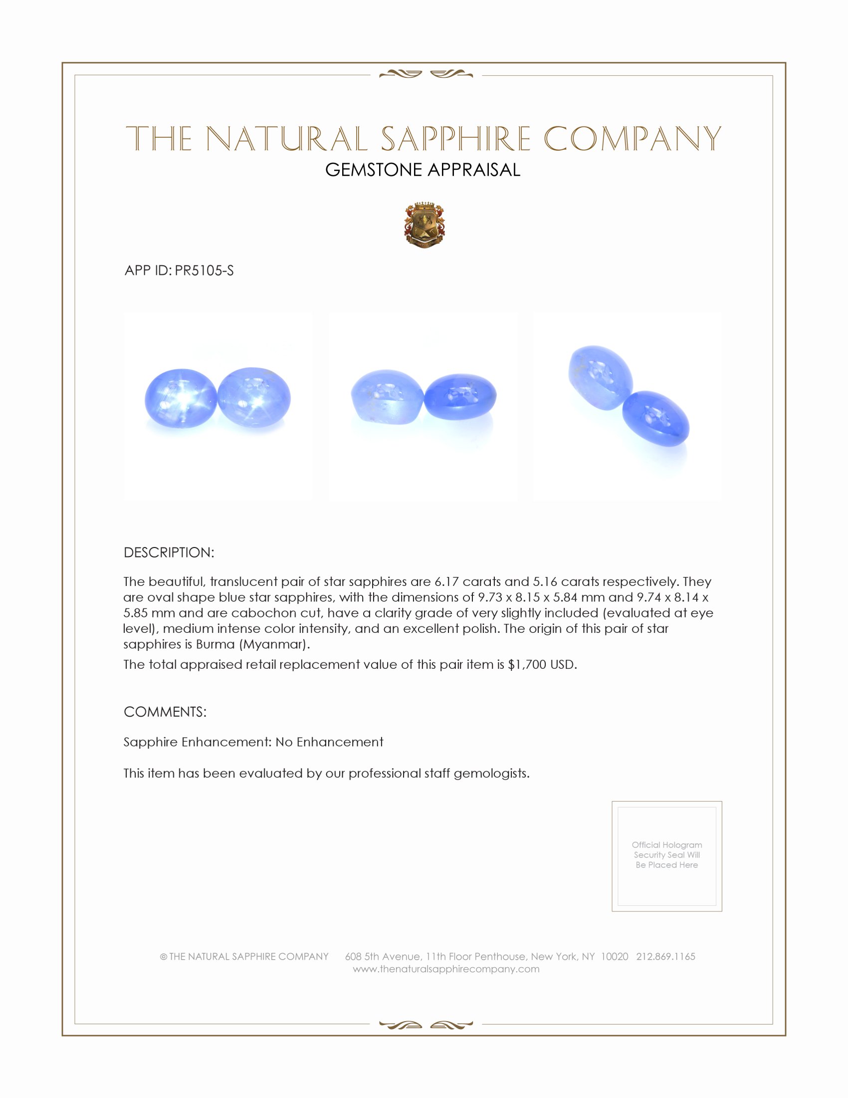 11.33 Ct.Tw. Blue Star Sapphire Pair from Burma (Myanmar)