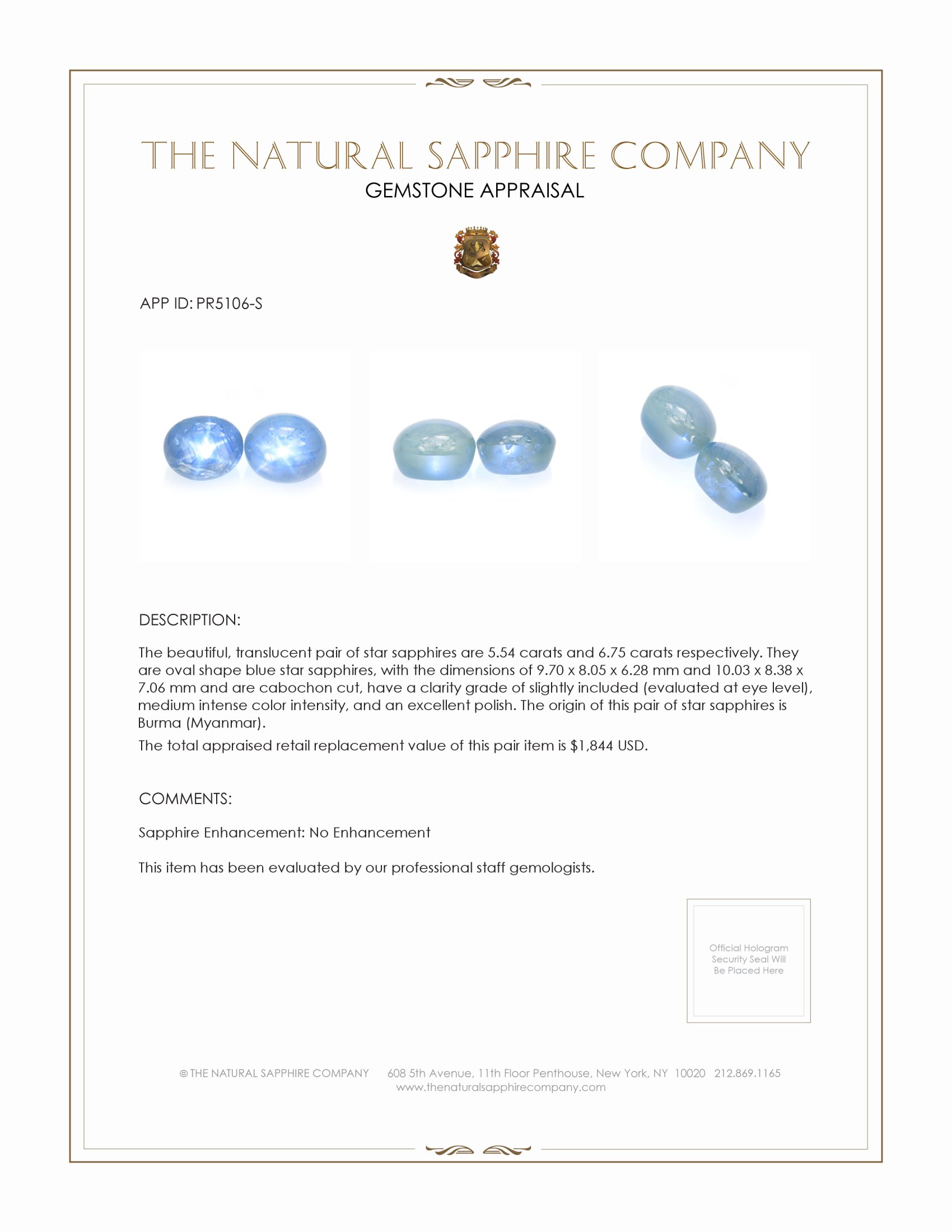 12.29 Ct.Tw. Blue Star Sapphire Pair from Burma (Myanmar)