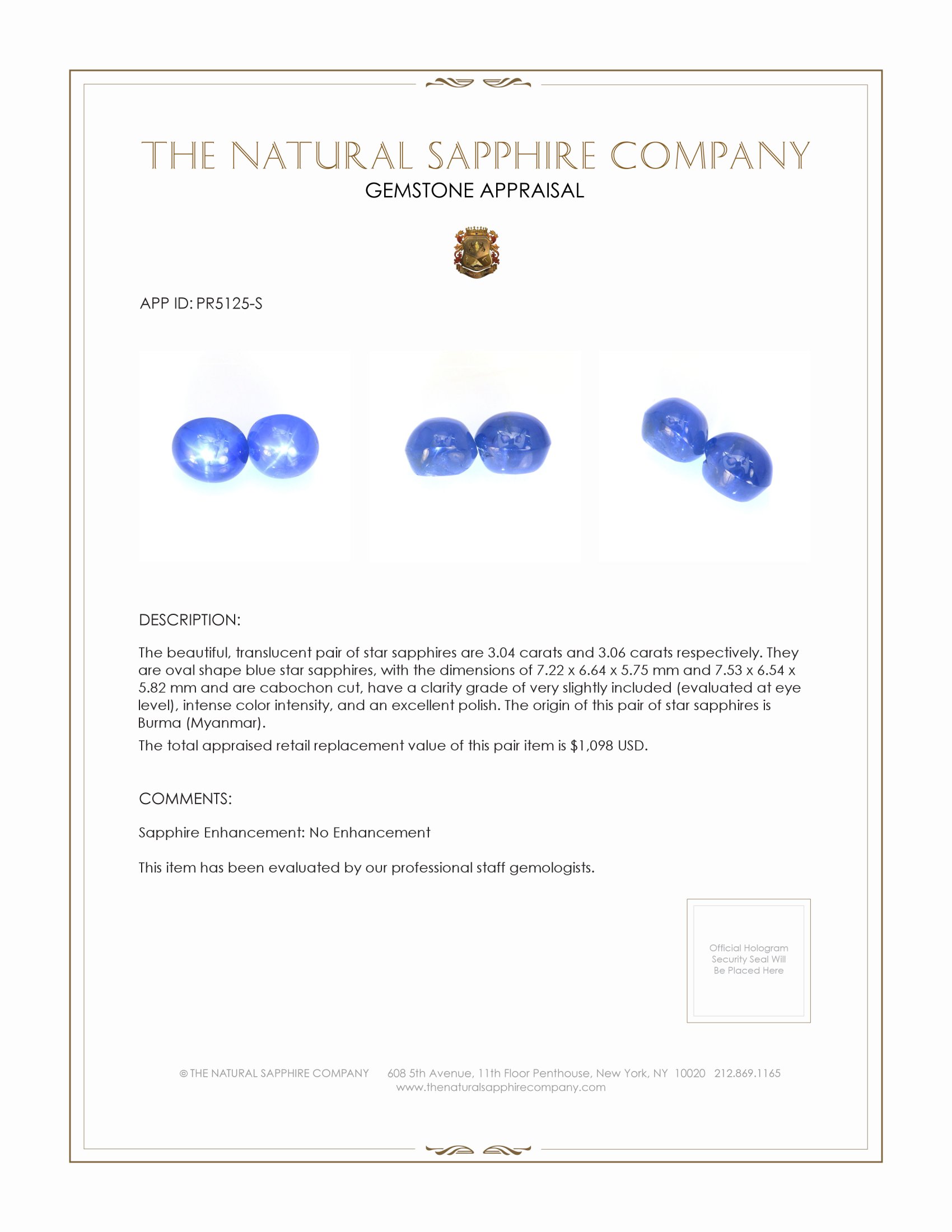 6.10 Ct.Tw. Blue Star Sapphire Pair from Burma (Myanmar)