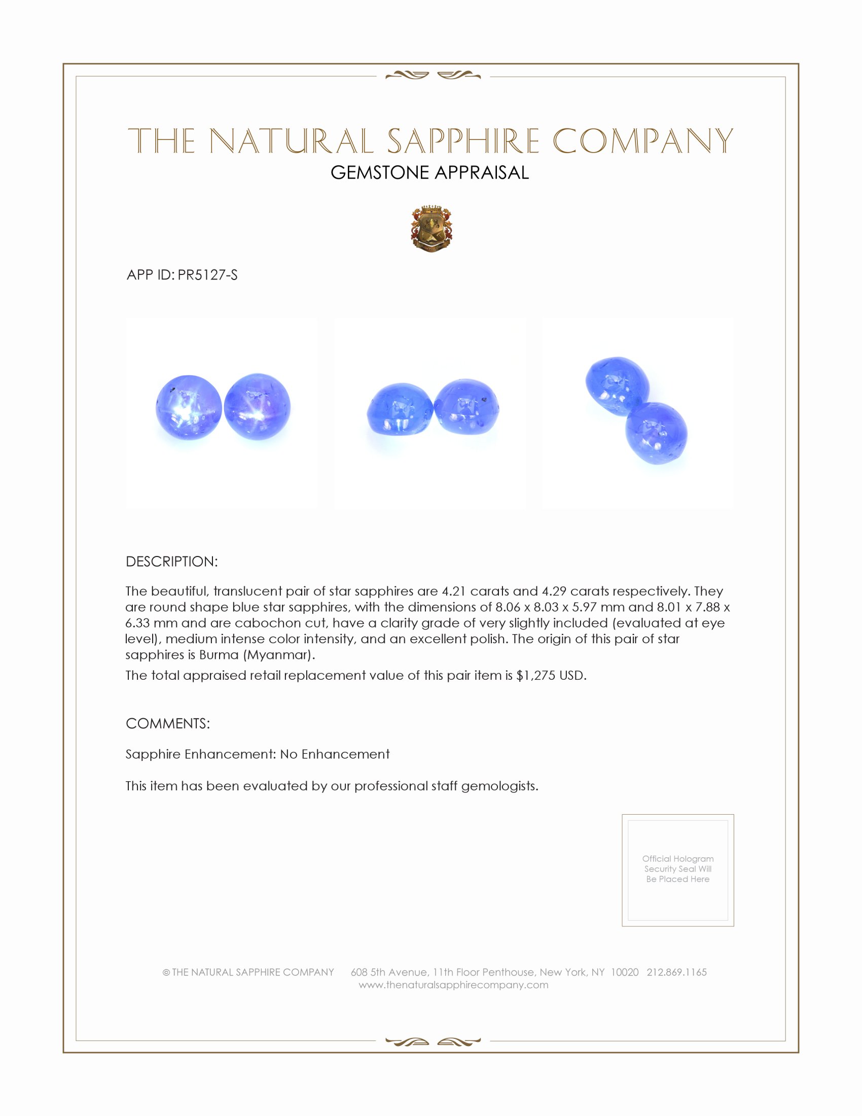 8.50 Ct.Tw. Blue Star Sapphire Pair from Burma (Myanmar)