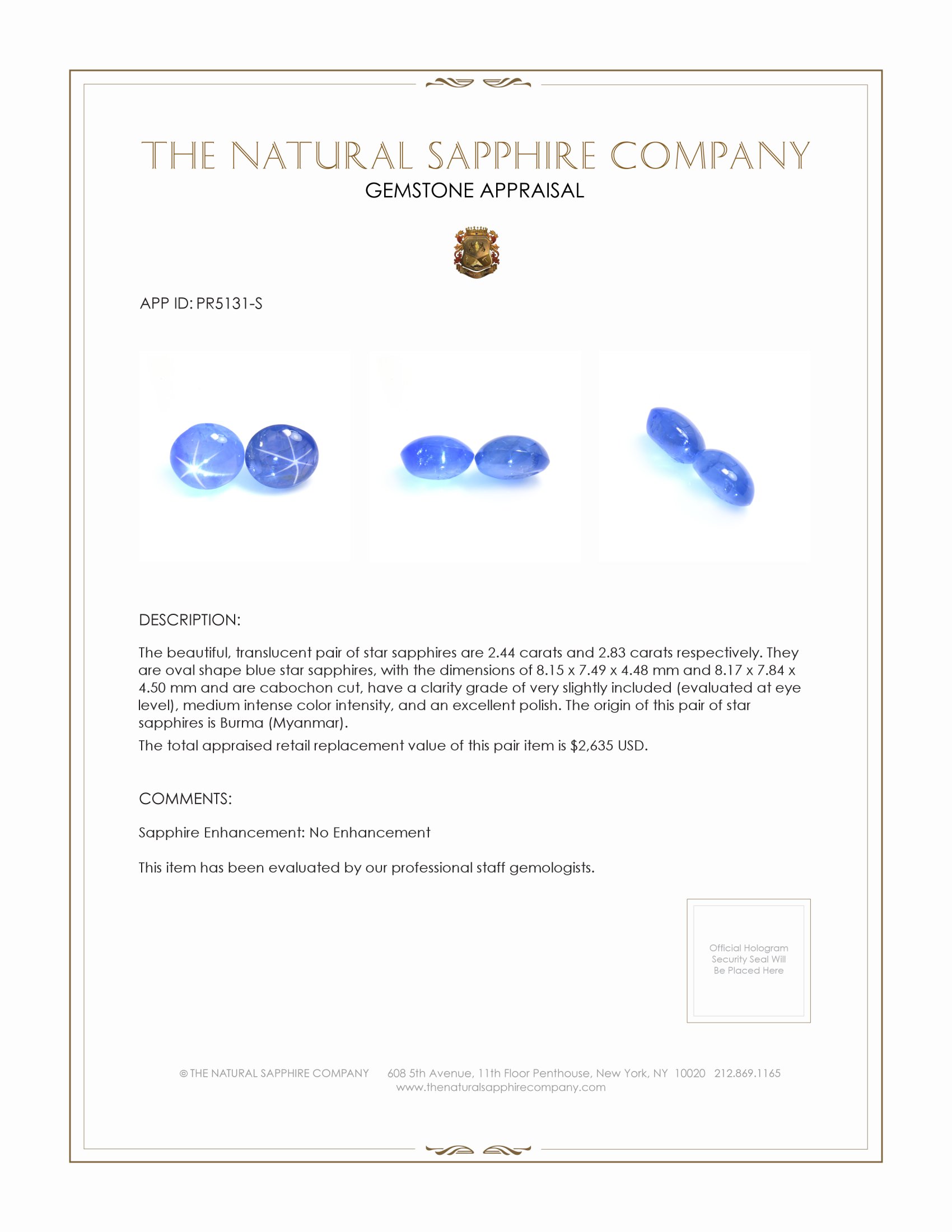 5.27 Ct.Tw. Blue Star Sapphire Pair from Burma (Myanmar)