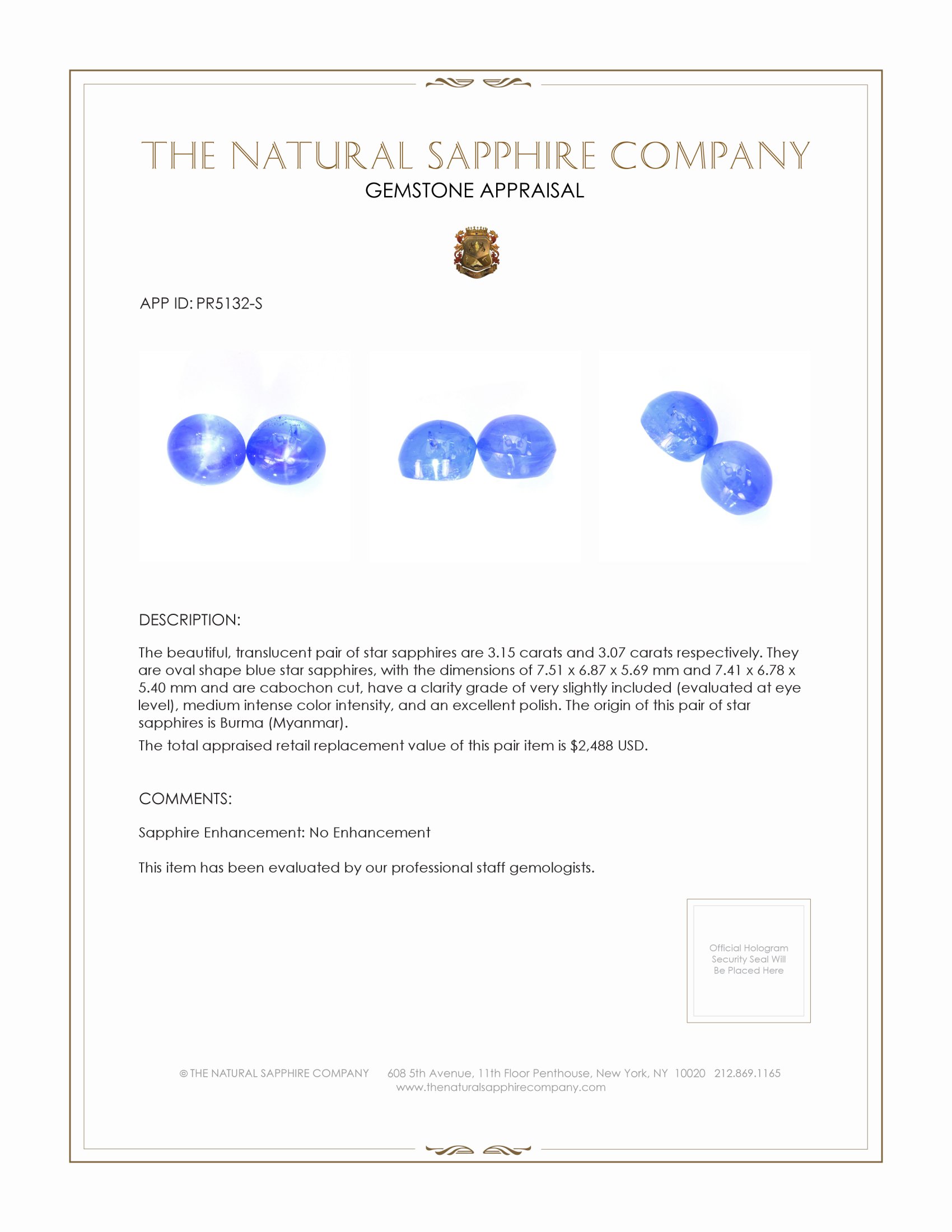 6.22 Ct.Tw. Blue Star Sapphire Pair from Burma (Myanmar)