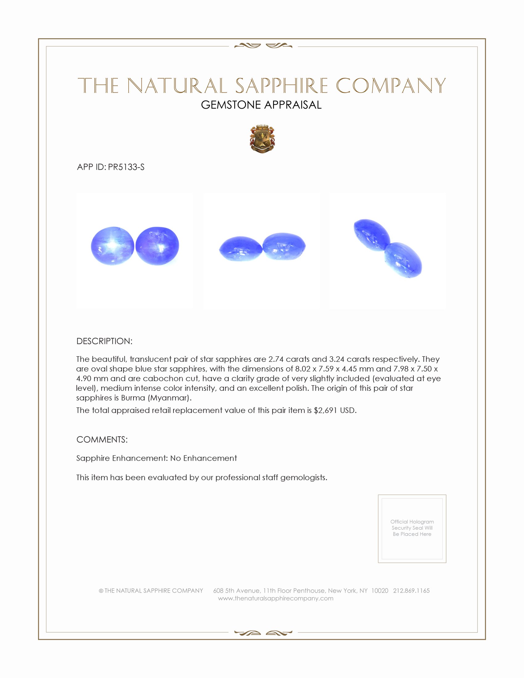 5.98 Ct.Tw. Blue Star Sapphire Pair from Burma (Myanmar)