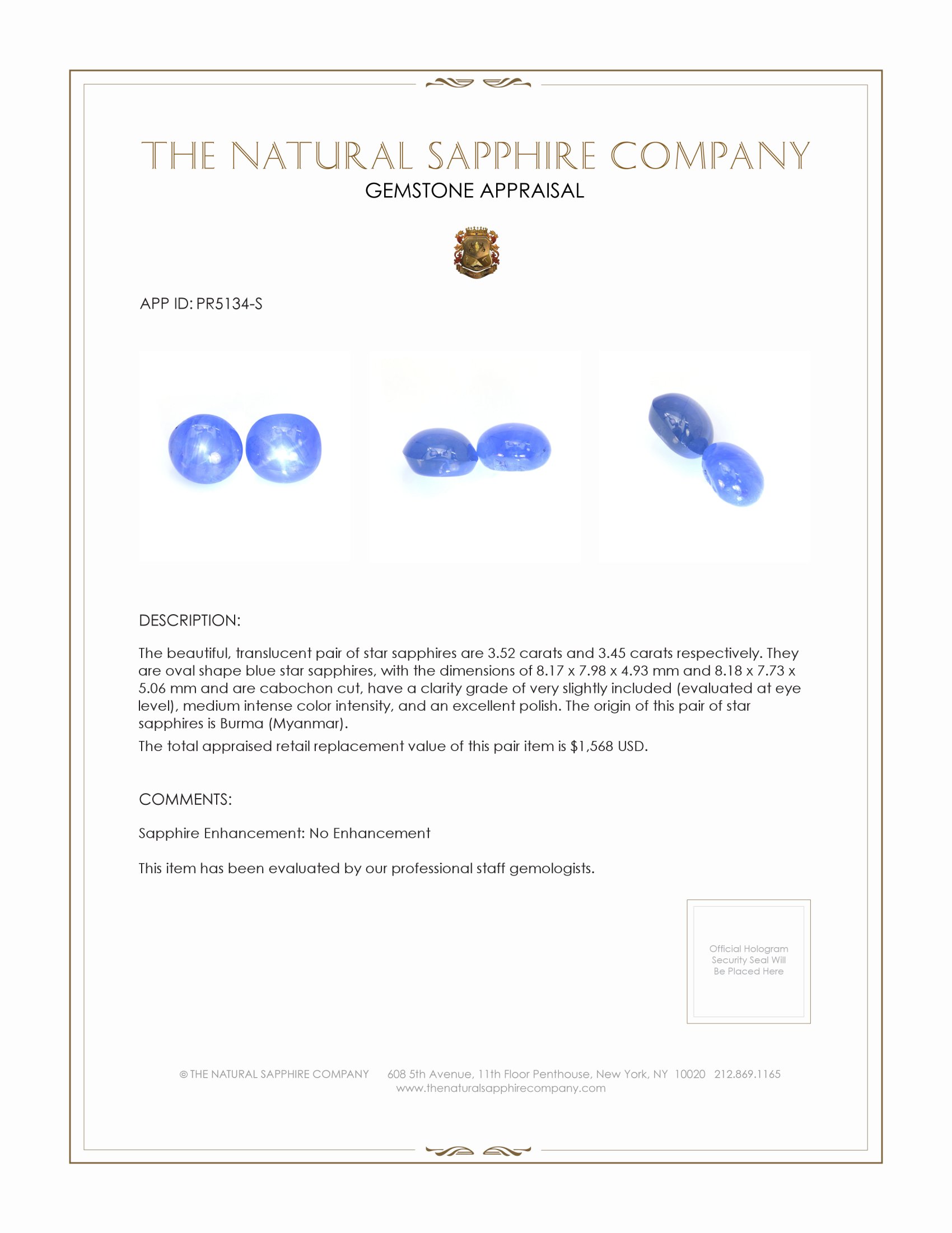 6.97 Ct.Tw. Blue Star Sapphire Pair from Burma (Myanmar)