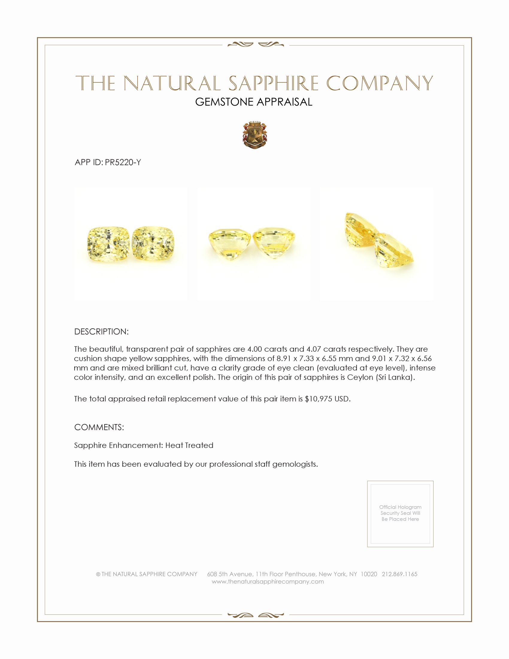 8.07 Ct.Tw. Yellow Sapphire Pair from Ceylon (Sri Lanka)