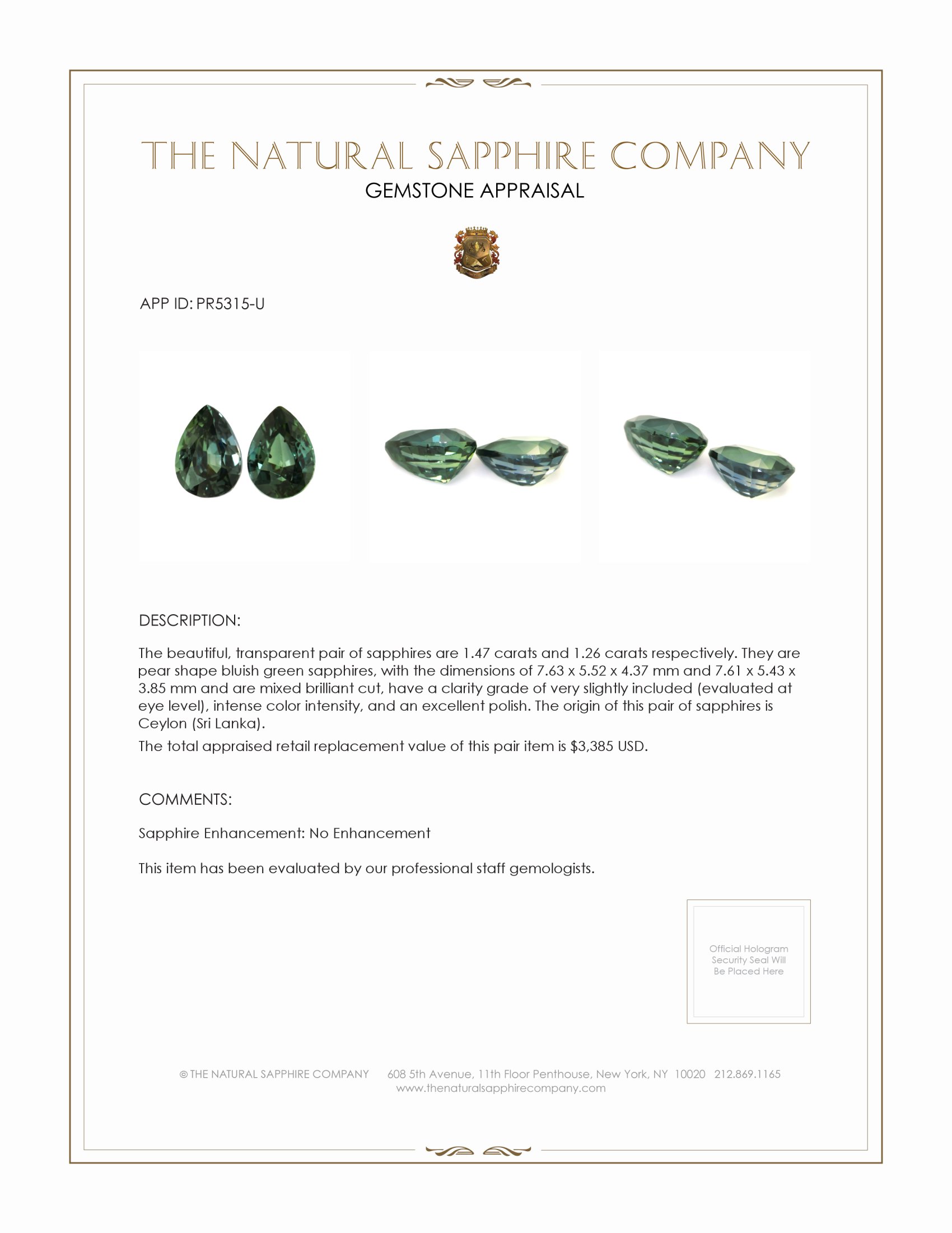 2.73 Ct.Tw. Bluish Green Sapphire Pair from Ceylon (Sri Lanka)