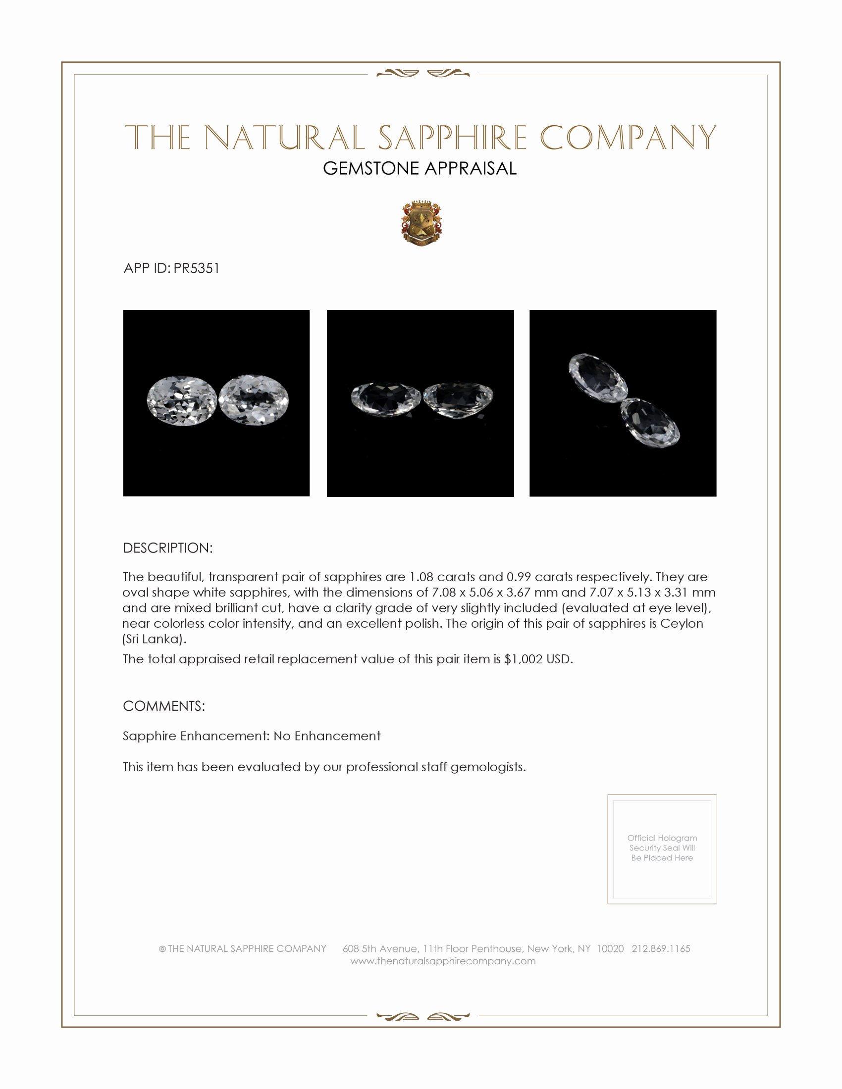 2.07 Ct.Tw. White Sapphire Pair from Ceylon (Sri Lanka)