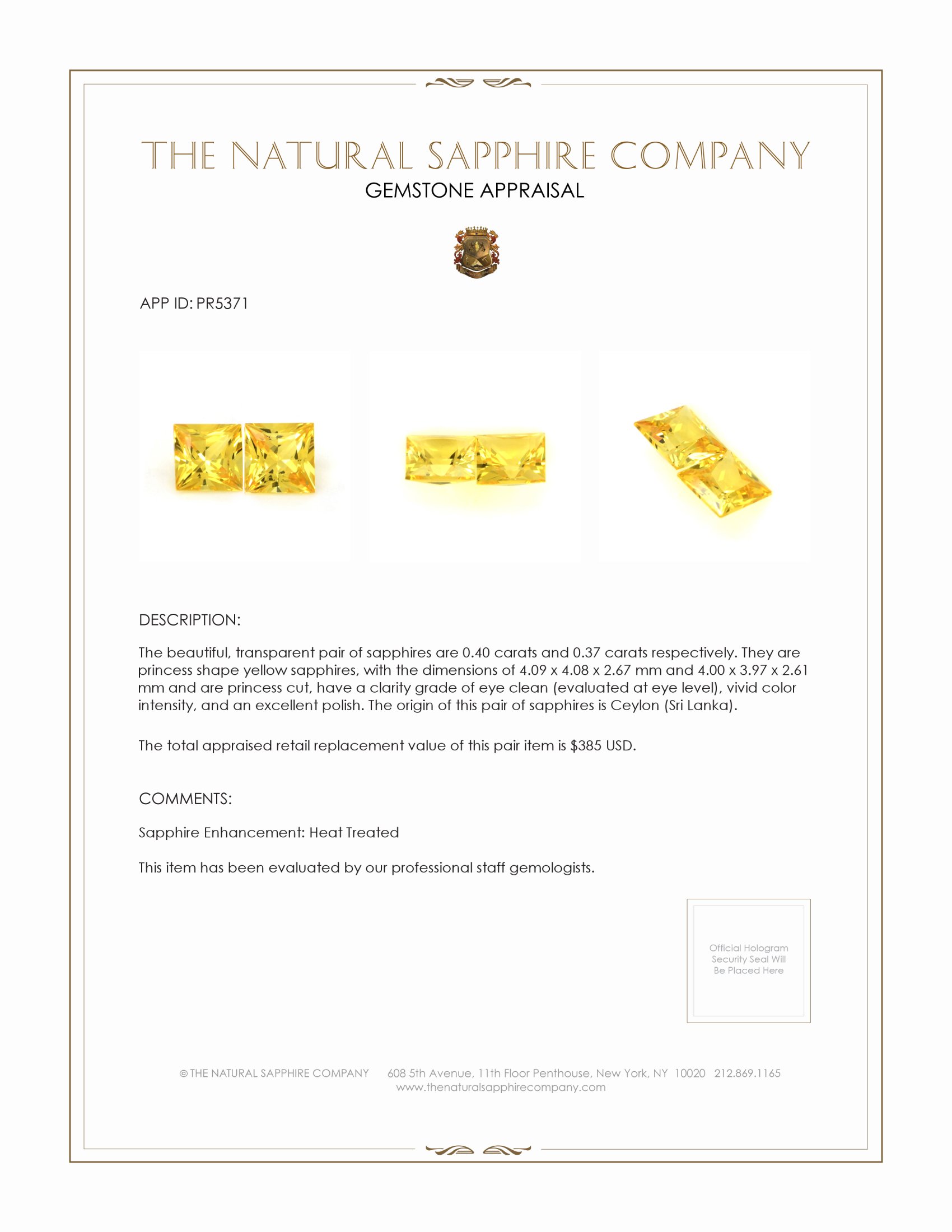 0.77 Ct.Tw. Yellow Sapphire Pair from Ceylon (Sri Lanka)