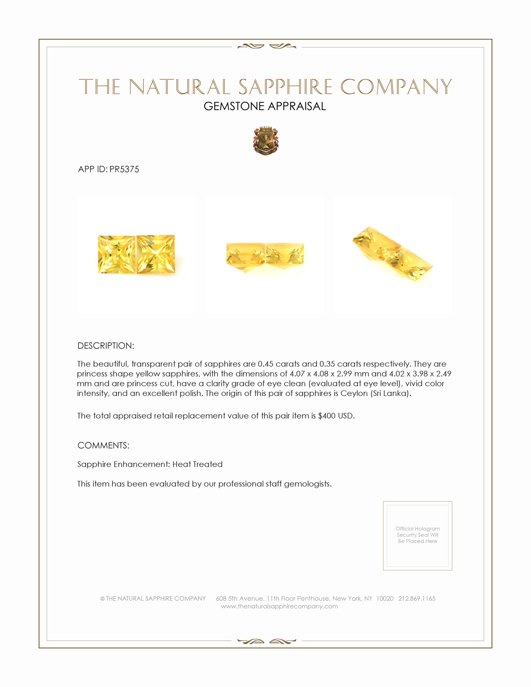 0.80 Ct.Tw. Yellow Sapphire Pair from Ceylon (Sri Lanka)