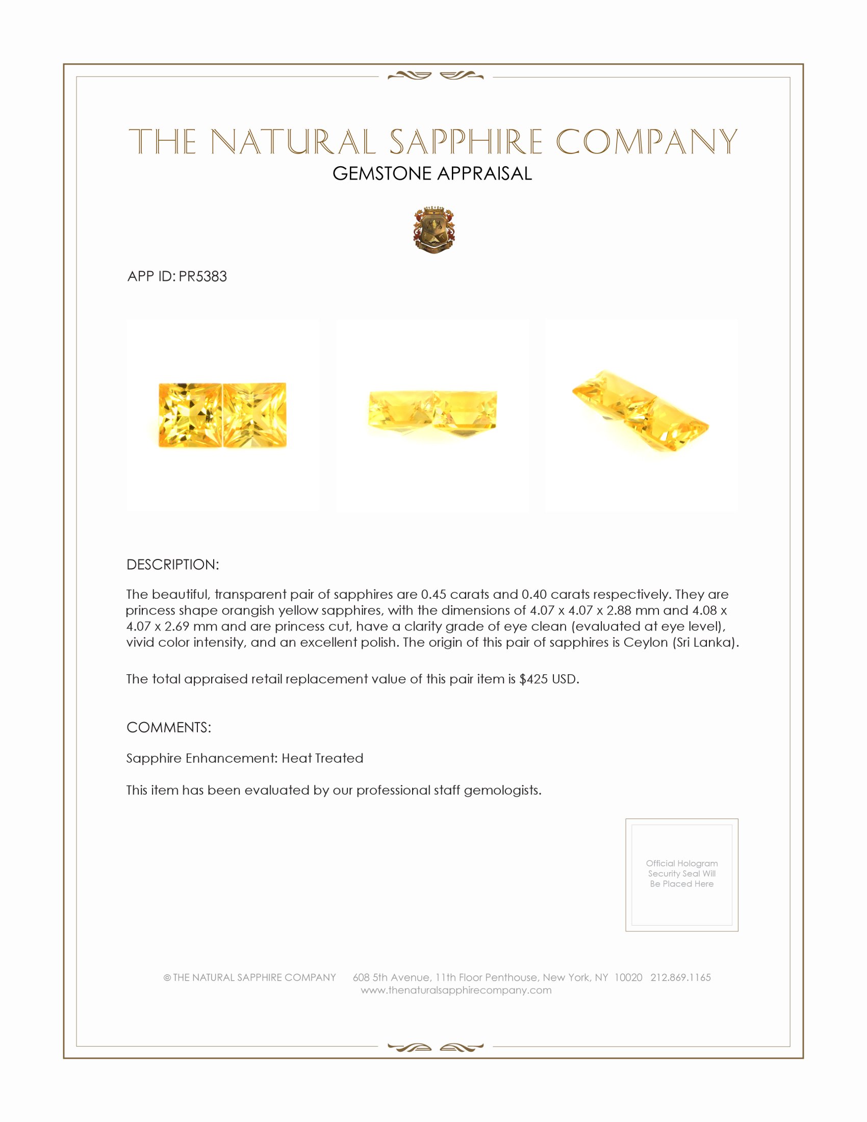 0.85 Ct.Tw. Orangish Yellow Sapphire Pair from Ceylon (Sri Lanka)