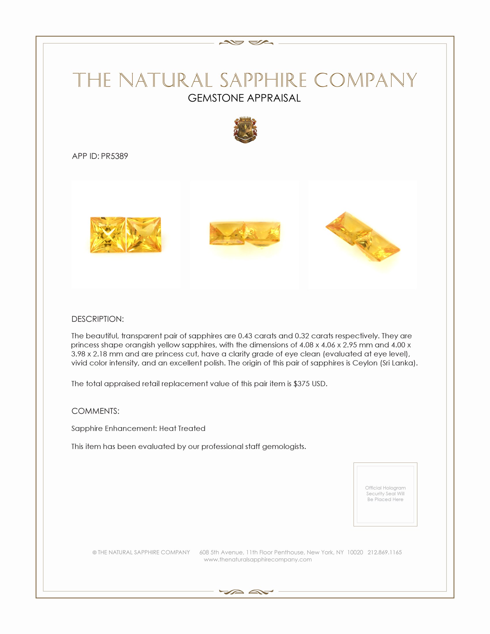 0.75 Ct.Tw. Orangish Yellow Sapphire Pair from Ceylon (Sri Lanka)