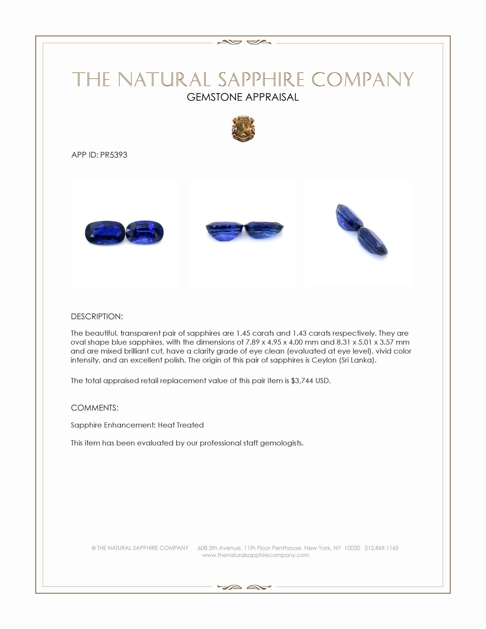 2.88 Ct.Tw. Blue Sapphire Pair from Ceylon (Sri Lanka)