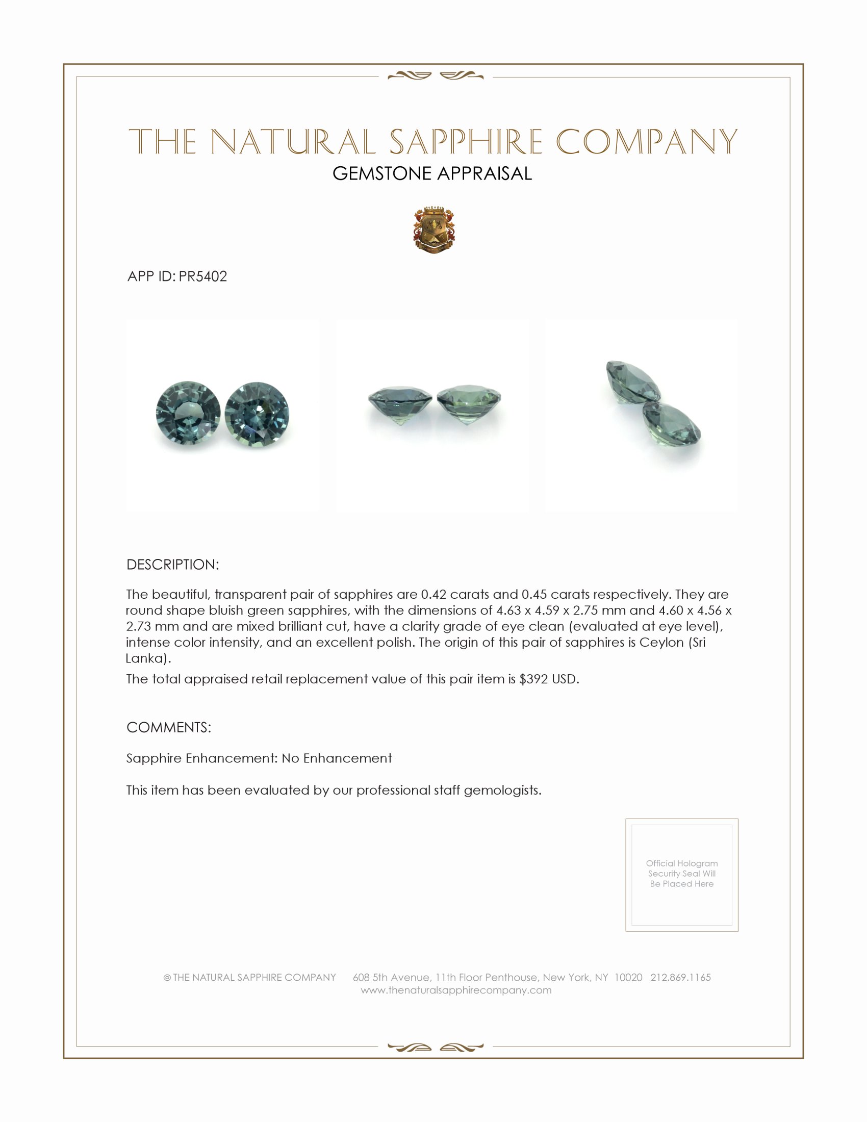 0.87 Ct.Tw. Bluish Green Sapphire Pair from Ceylon (Sri Lanka)