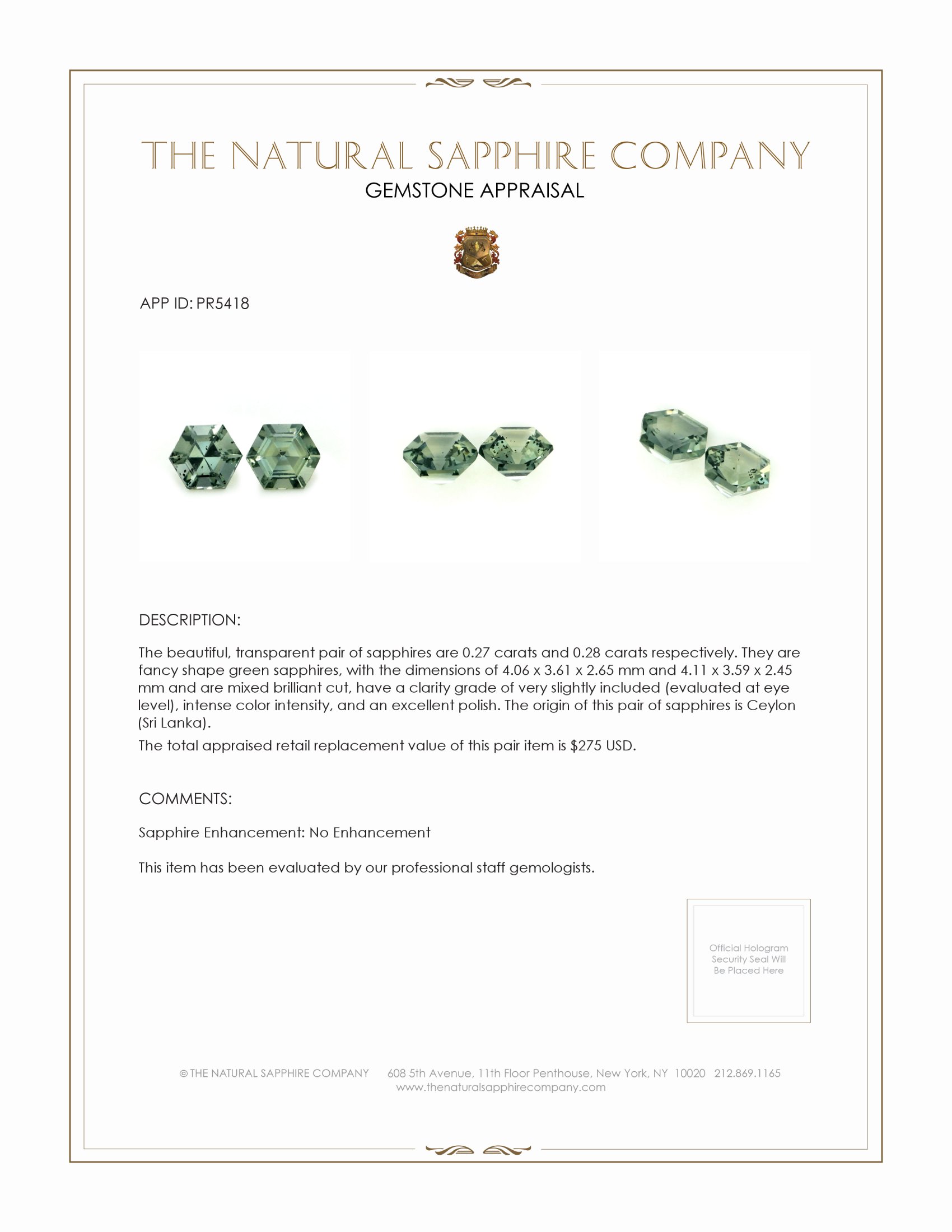 0.55 Ct.Tw. Green Sapphire Pair from Ceylon (Sri Lanka)