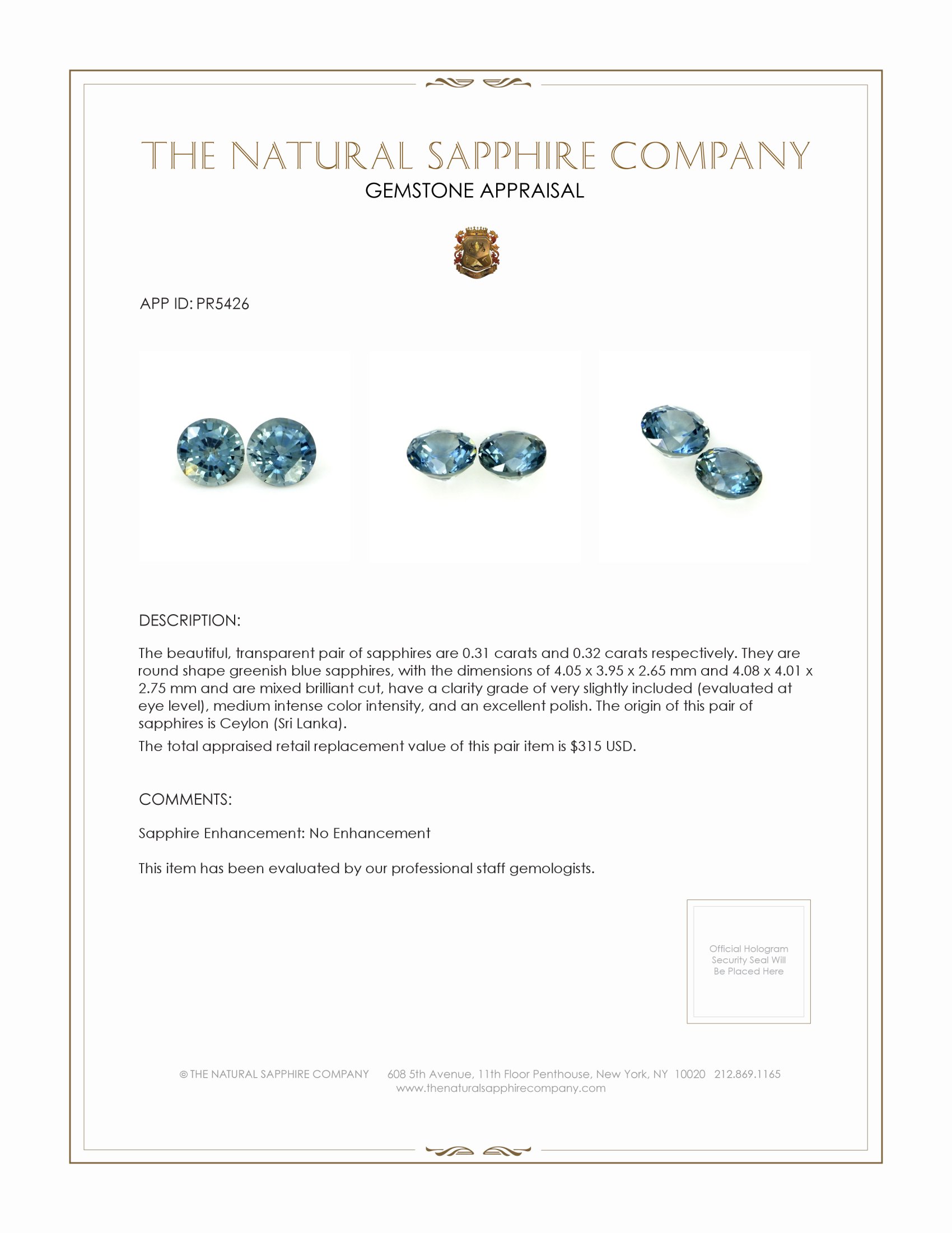 0.63 Ct.Tw. Greenish Blue Sapphire Pair from Ceylon (Sri Lanka)