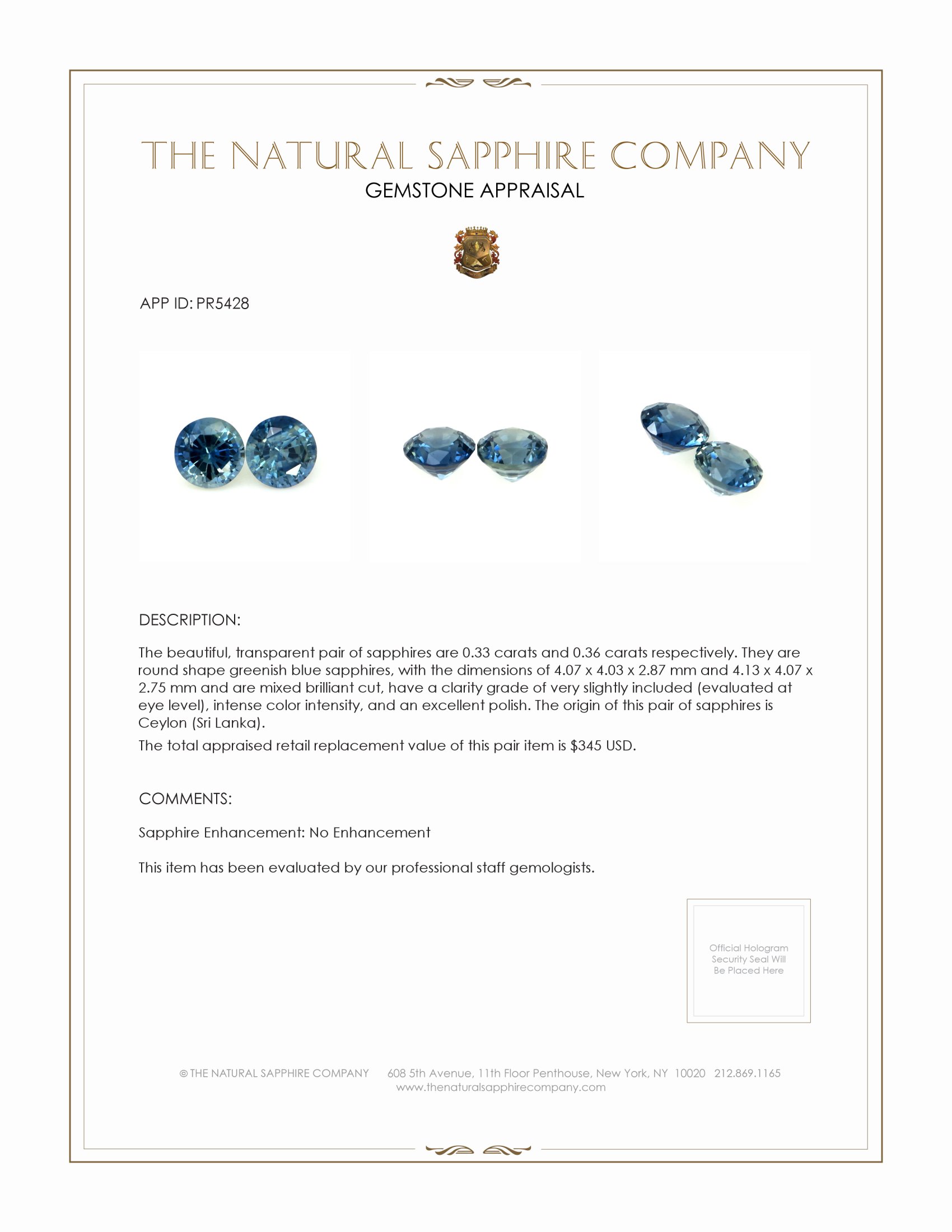 0.69 Ct.Tw. Greenish Blue Sapphire Pair from Ceylon (Sri Lanka)