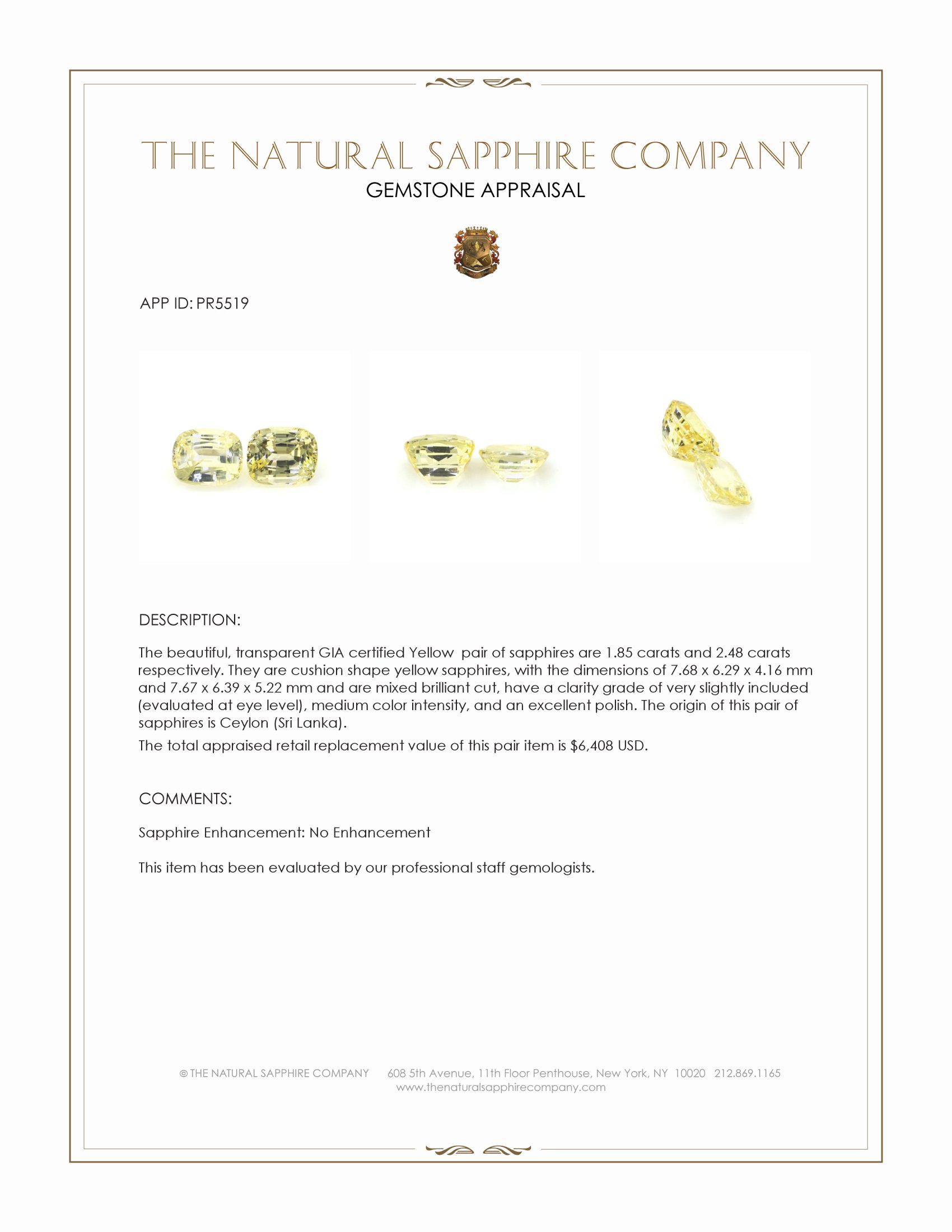 4.33 Ct.Tw. Yellow Sapphire Pair from Ceylon (Sri Lanka)