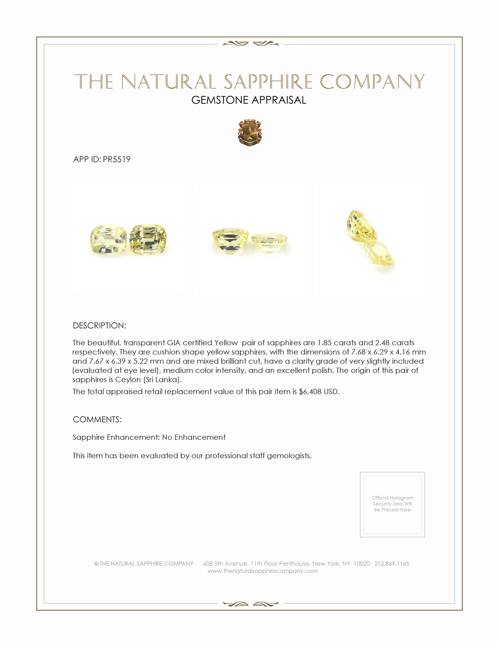 4.33 Ct.Tw. Yellow Sapphire Pair from Ceylon (Sri Lanka)