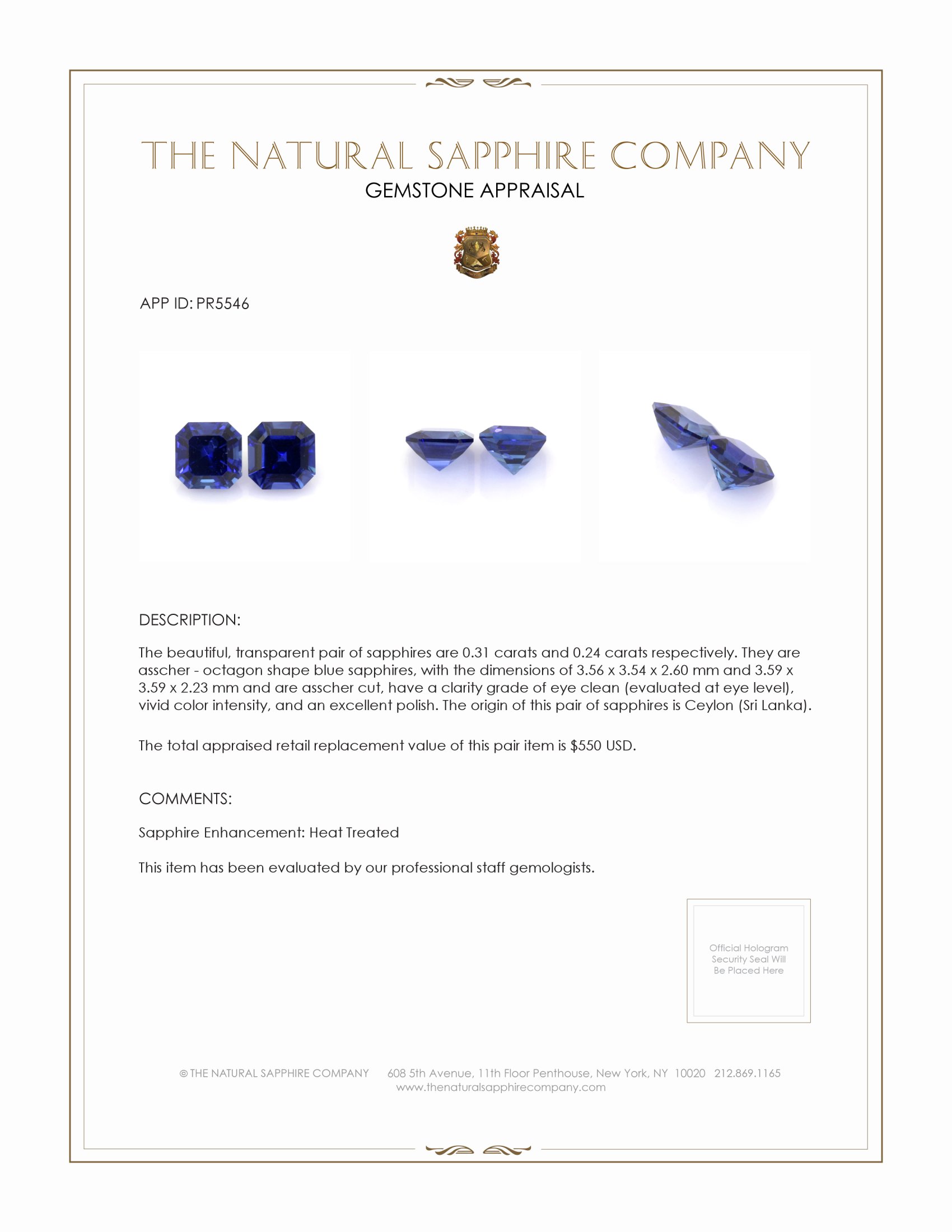 0.55 Ct.Tw. Blue Sapphire Pair from Ceylon (Sri Lanka)